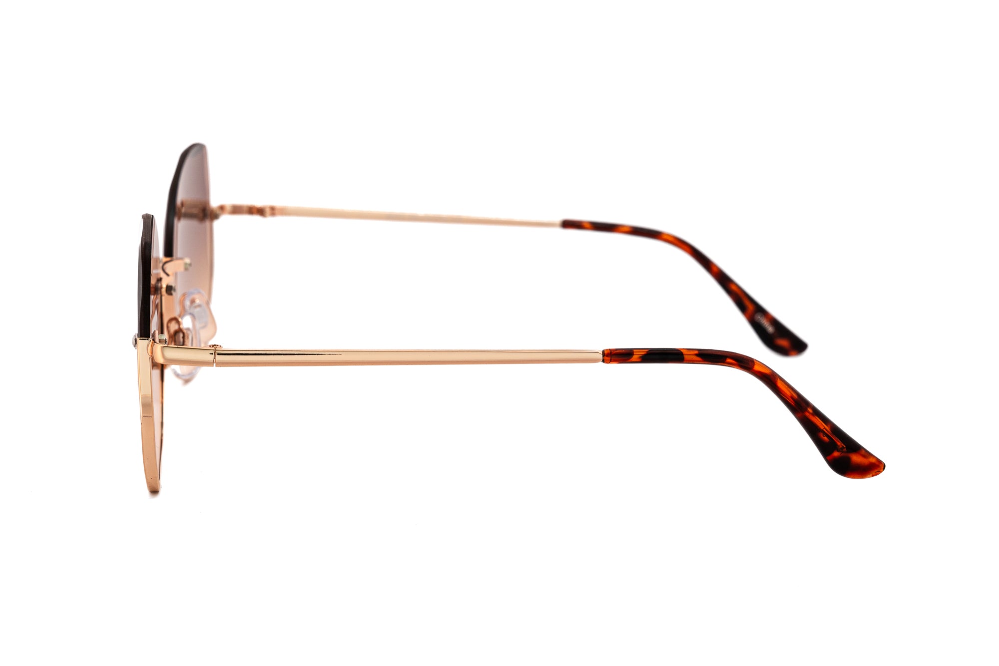 Selara by Bolero Eyewear rose-gold geometric sunglasses with brown gradient lenses side angle view