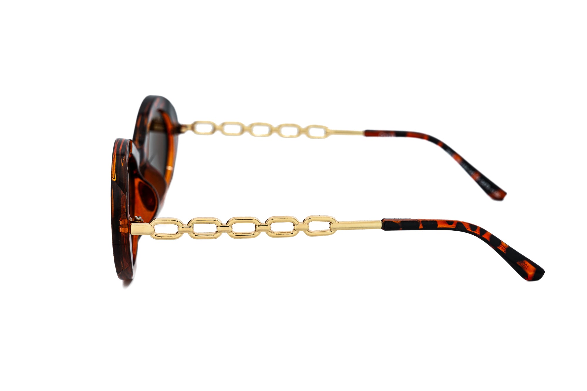 Seraphine by Bolero Eyewear tortoiseshell oval sun readers with gold-link metal temples side angle view