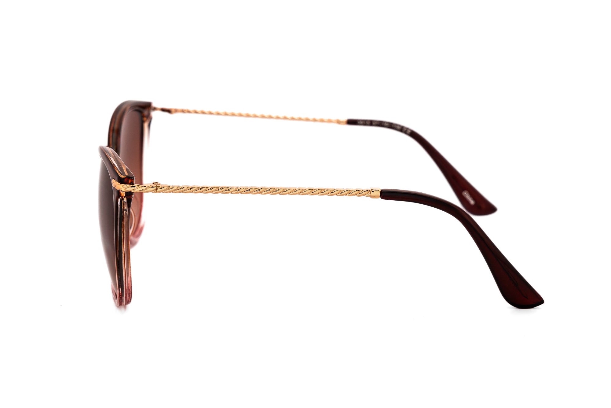 Serelisse by Bolero Eyewear brown cat-eye sunglasses with gold twisted temples and gradient brown UV lenses side angle view