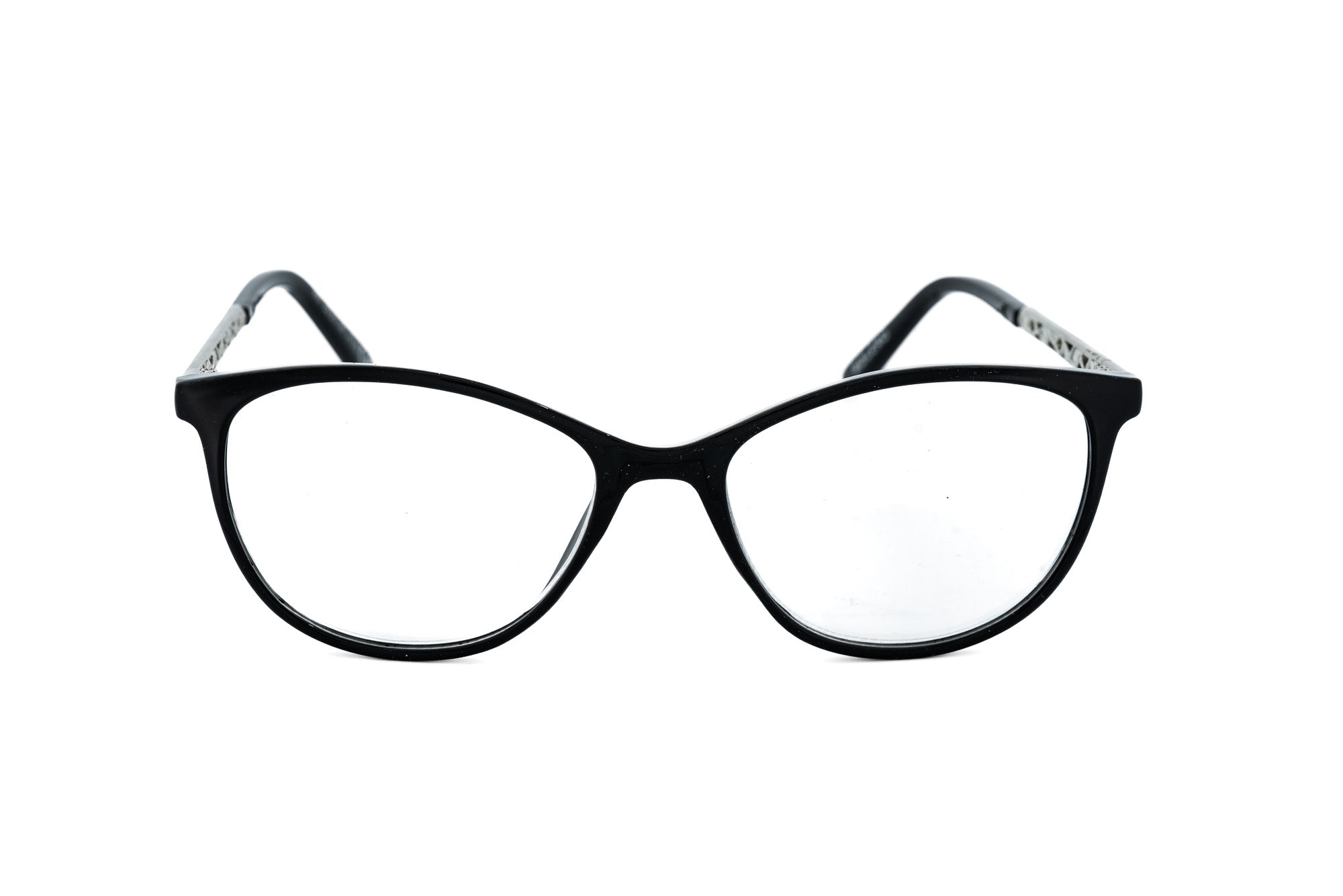 Seronda by Bolero Eyewear black cat-eye reading glasses with textured metal temples front angle view