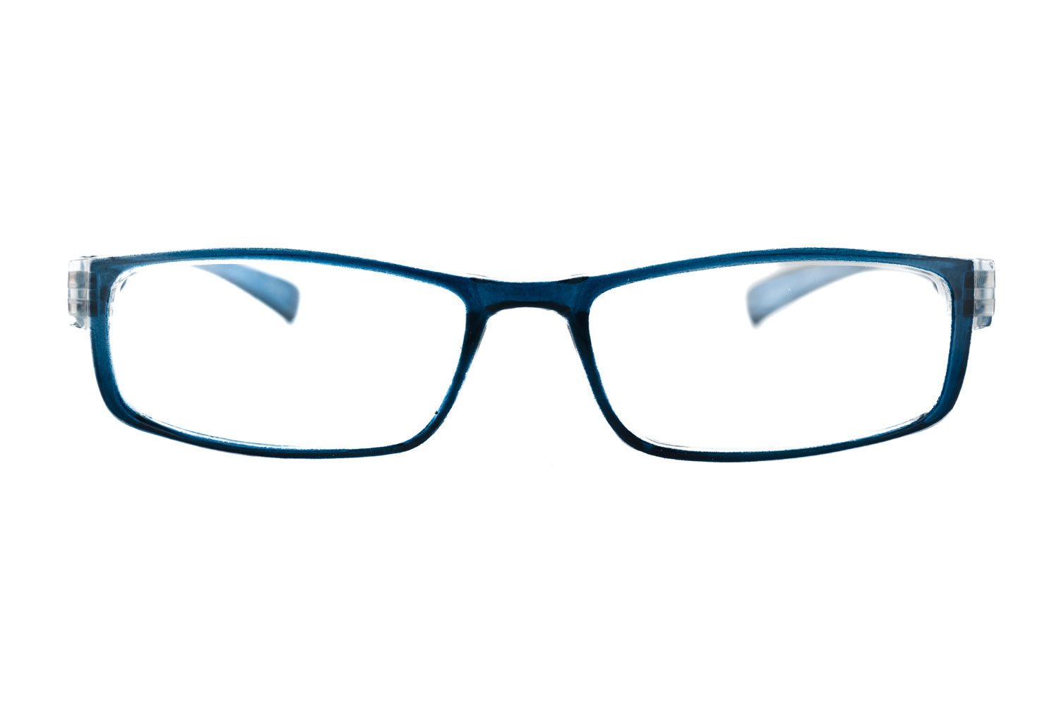 Blue Sienna reading glasses by Bolero Eyewear with slim rectangular lenses and lightweight temples front angle view