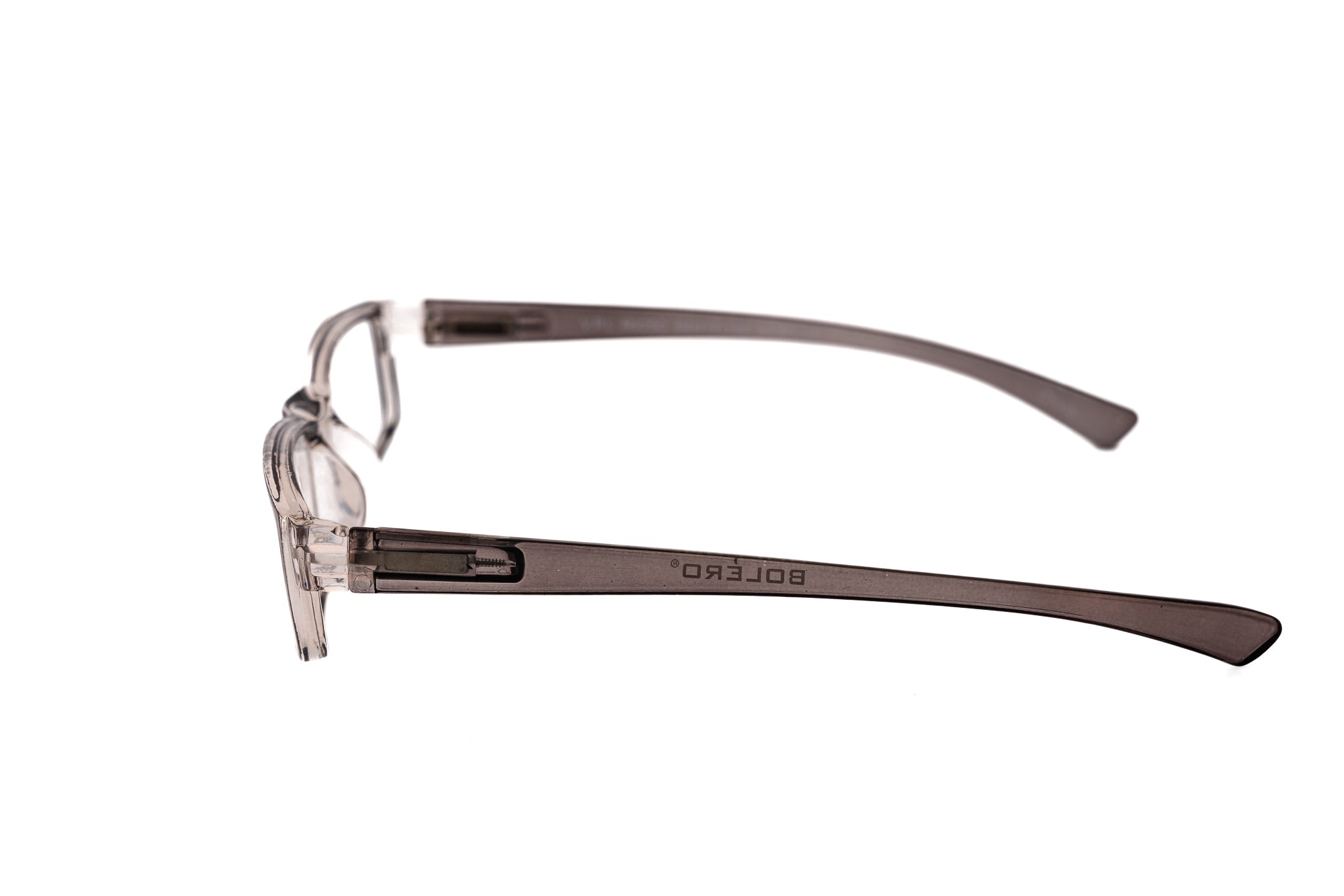 Sienna rectangular reading glasses in smoky gray polycarbonate with clear front detailing side angle view