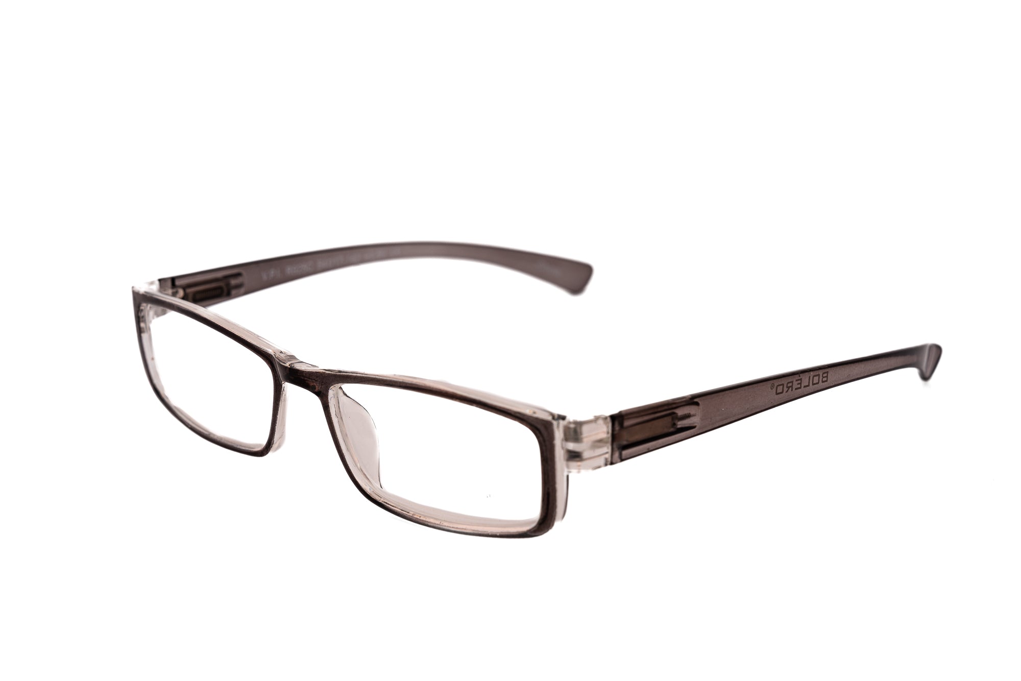 Sienna rectangular reading glasses in smoky gray polycarbonate with clear front detailing
