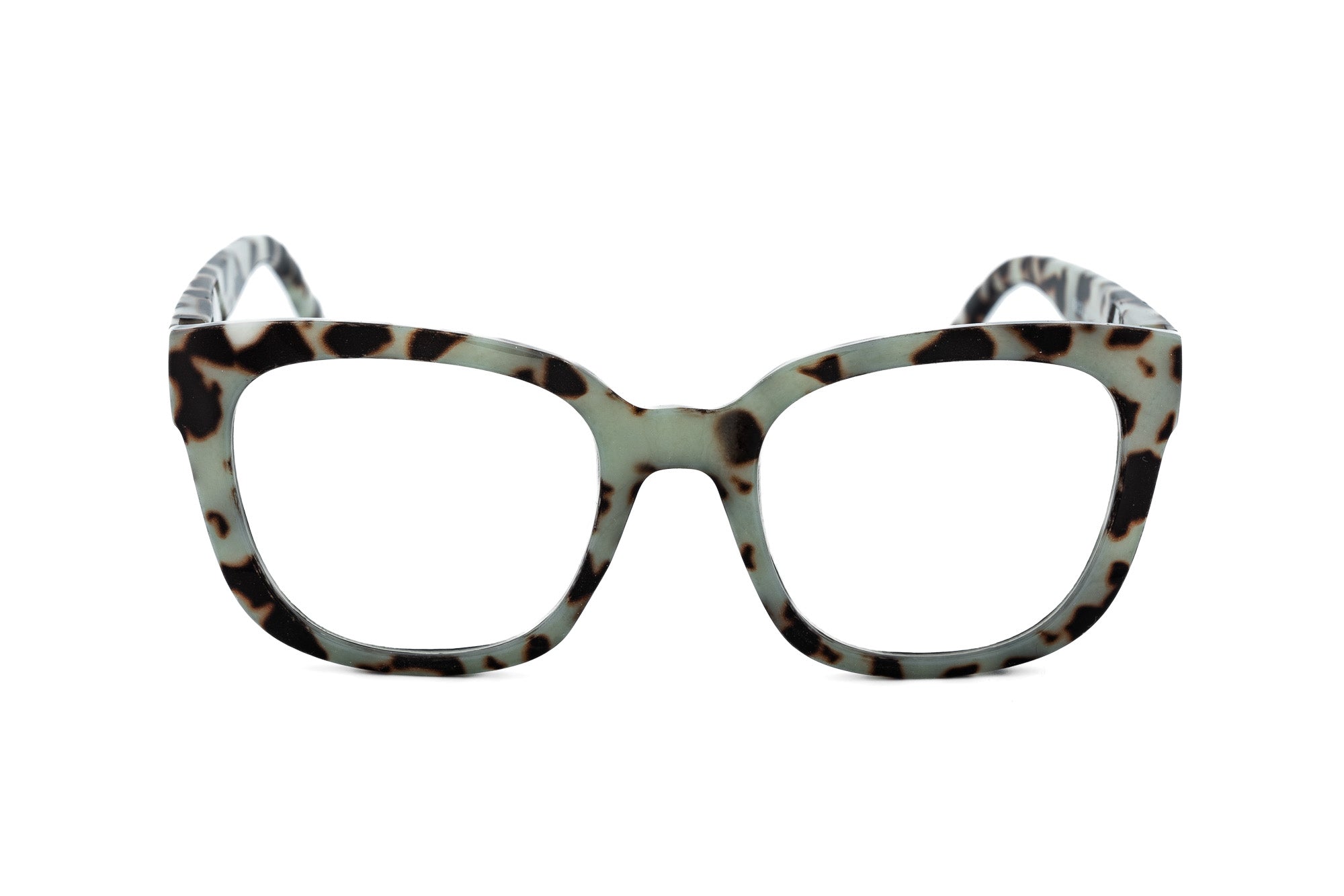 Solara reading glasses in gray tortoise leopard pattern with square polycarbonate frame front angle view