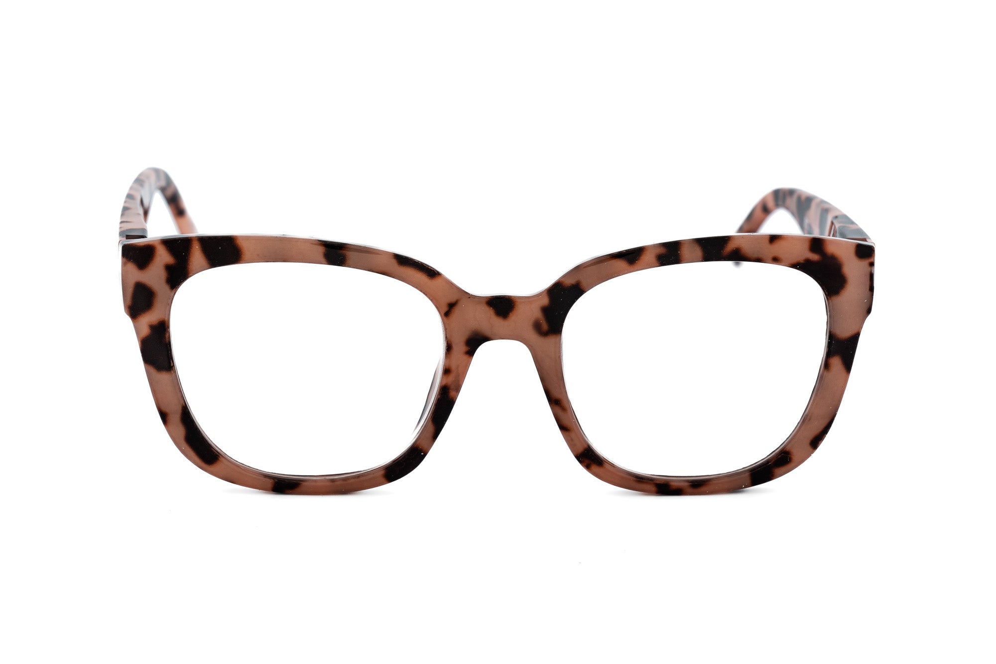 Pink Solara leopard tortoise reading glasses by Bolero Eyewear with bold patterned frame front angle view