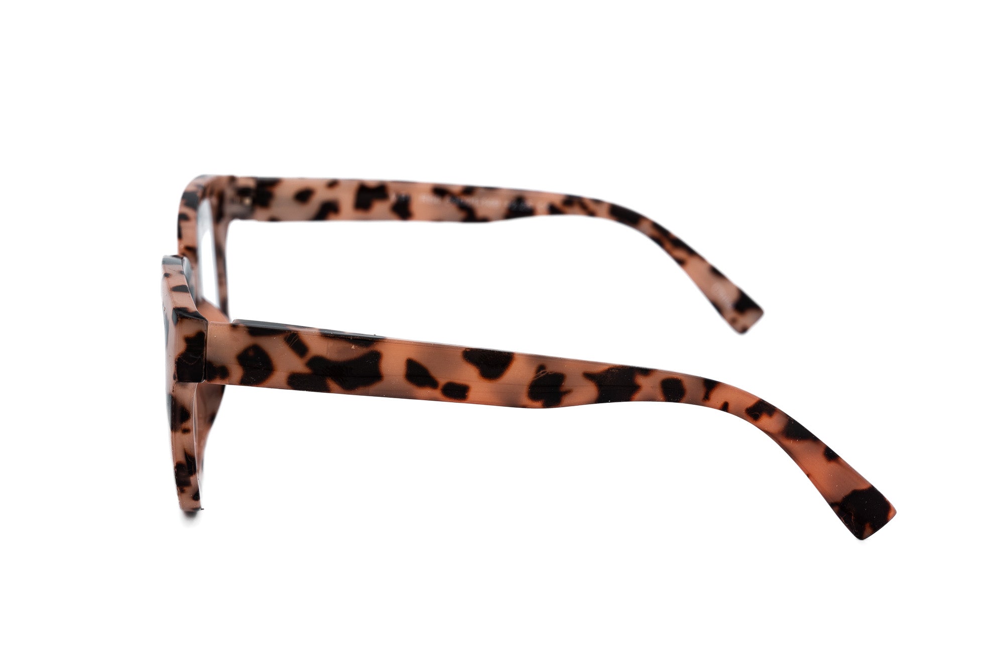 Pink Solara leopard tortoise reading glasses by Bolero Eyewear with bold patterned frame side angle view