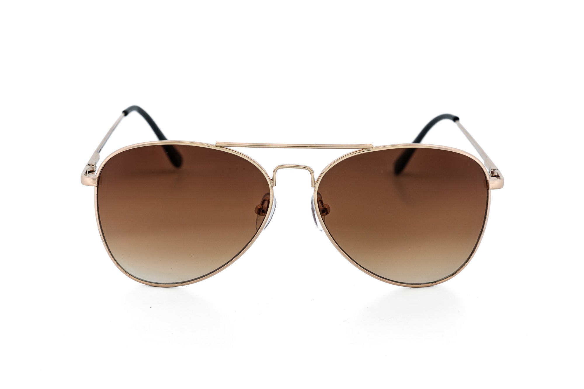 Solenza by Bolero Eyewear gold aviator sunglasses with brown gradient lenses and slim metal frame front angle view