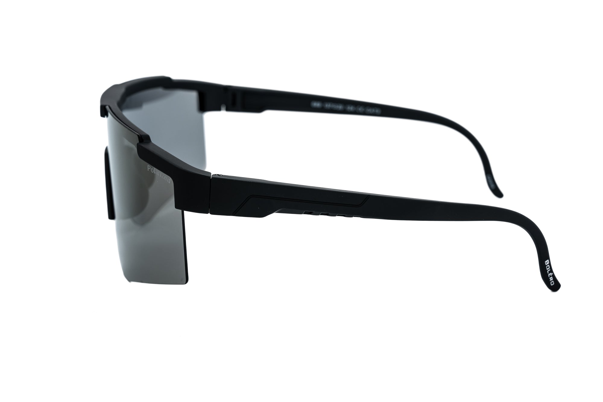 Black Solstice shield sunglasses with polarized black mirror visor lens by Bolero Eyewear side angle view