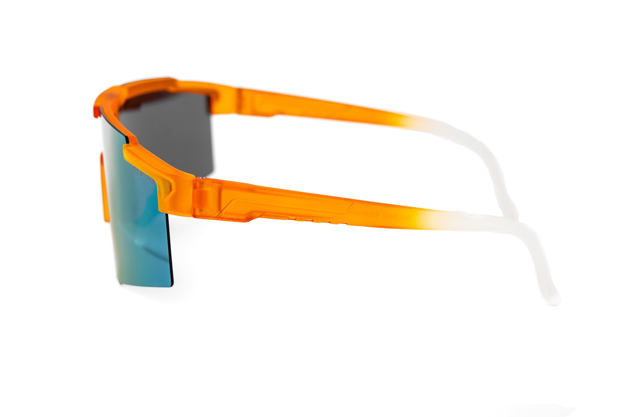 Orange Solstice shield sunglasses with polarized yellow mirror lens and wide sport frame side angle view