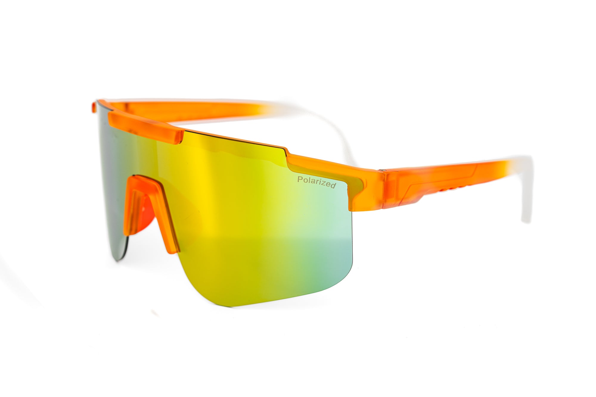 Orange Solstice shield sunglasses with polarized yellow mirror lens and wide sport frame