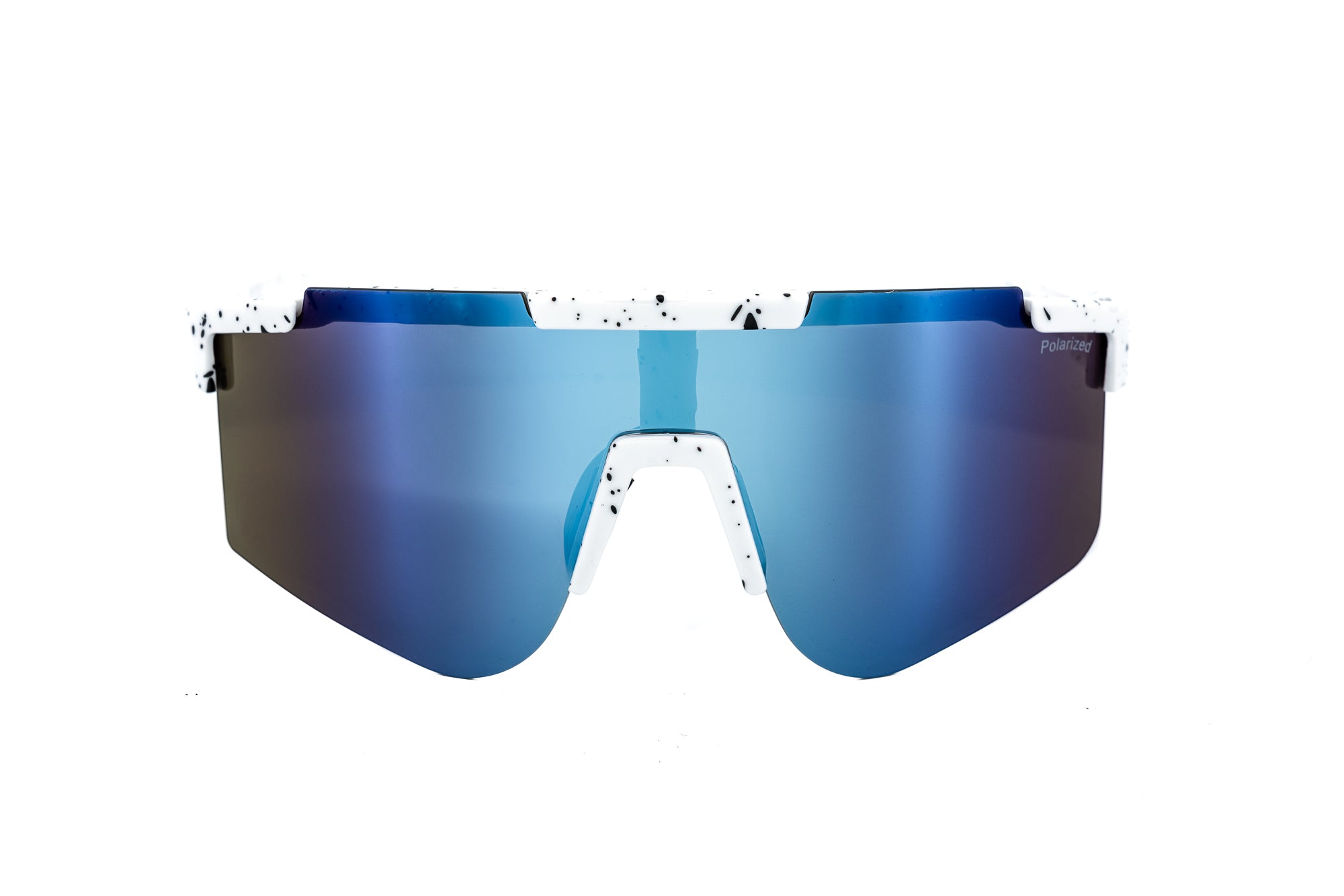 Bolero Eyewear Solstice white shield sunglasses with polarized blue mirror lens front angle view