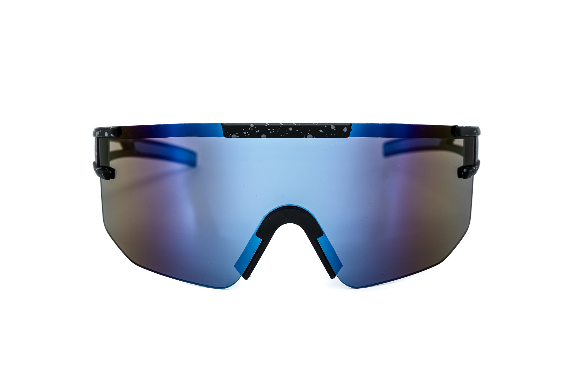 Solvex by Bolero Eyewear black and blue sports shield sunglasses with wraparound polycarbonate lens front angle view