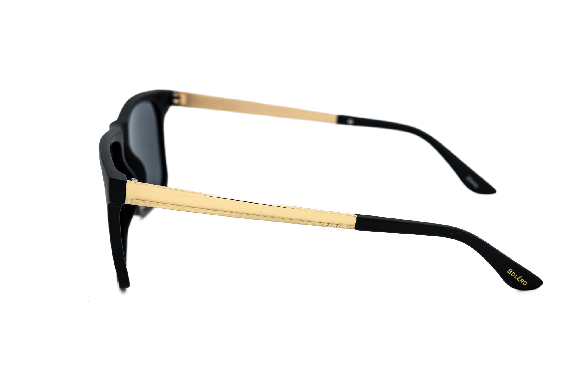 Soren by Bolero Eyewear black sunglasses with polarized lenses and gold metal temples side angle view