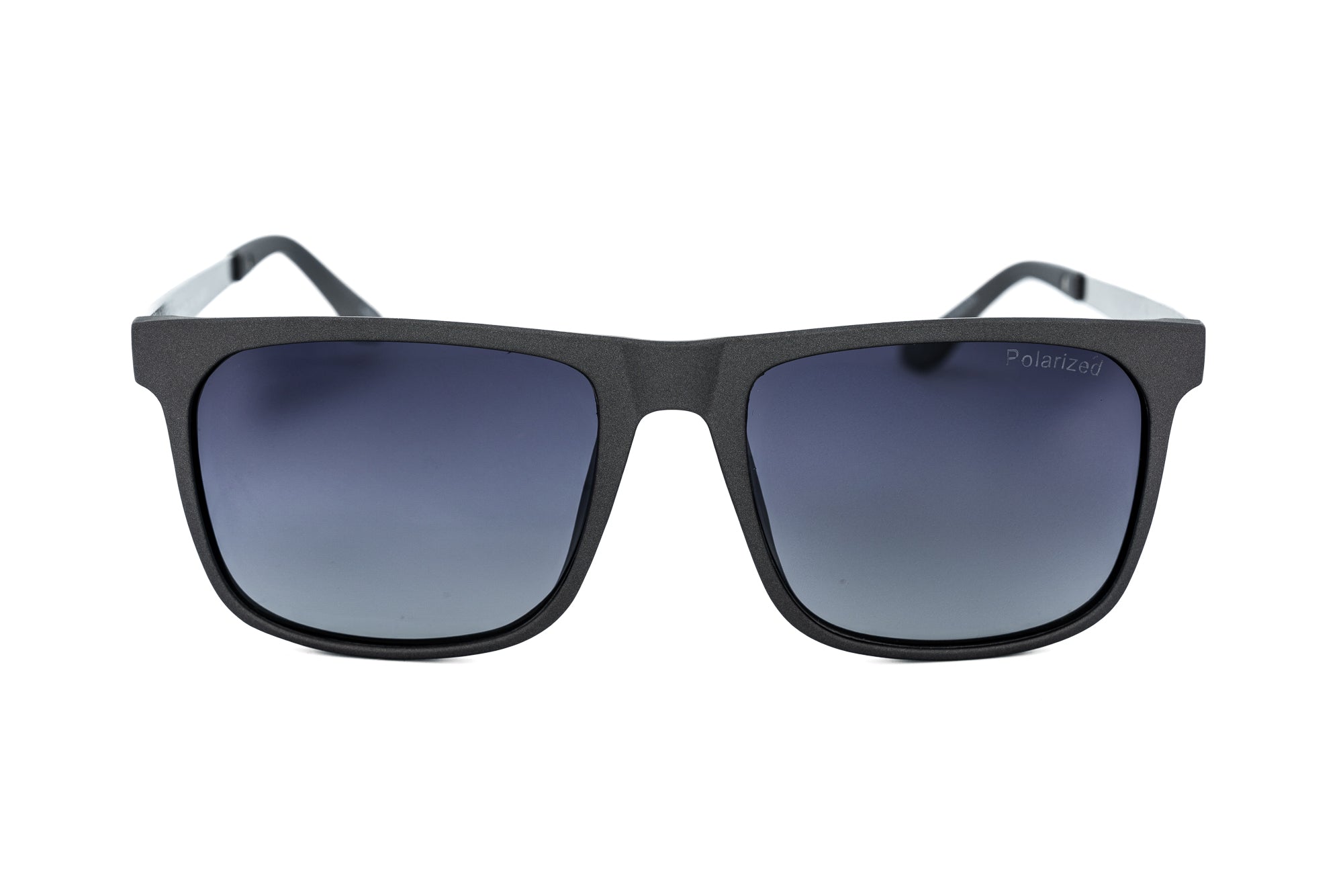 Soren polarized square sunglasses with lightweight black frame and silver metal arms front angle view