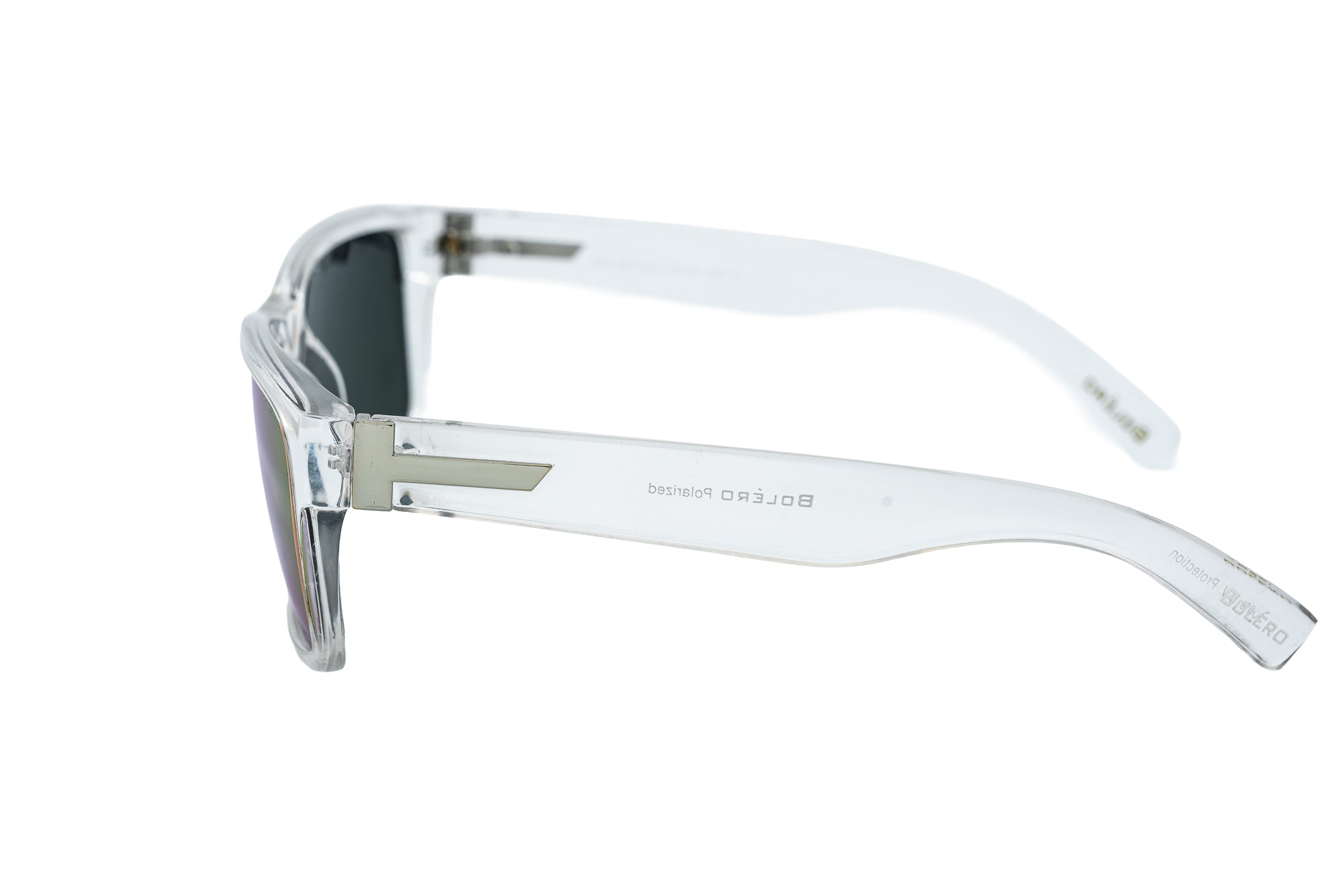 Strade by Bolero Eyewearclear frame sunglasses with yellow mirror polarized lenses side angle view