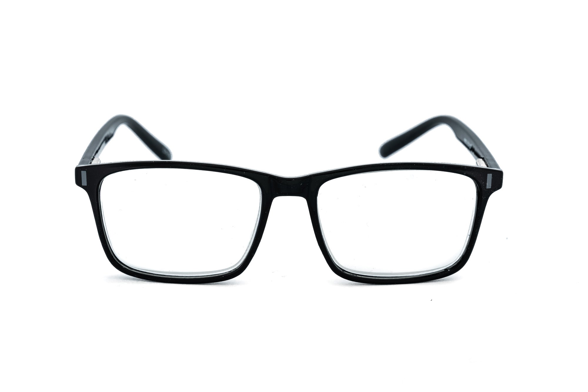 Black Strado reading glasses featuring a modern square silhouette and metallic-accented temples front angle view