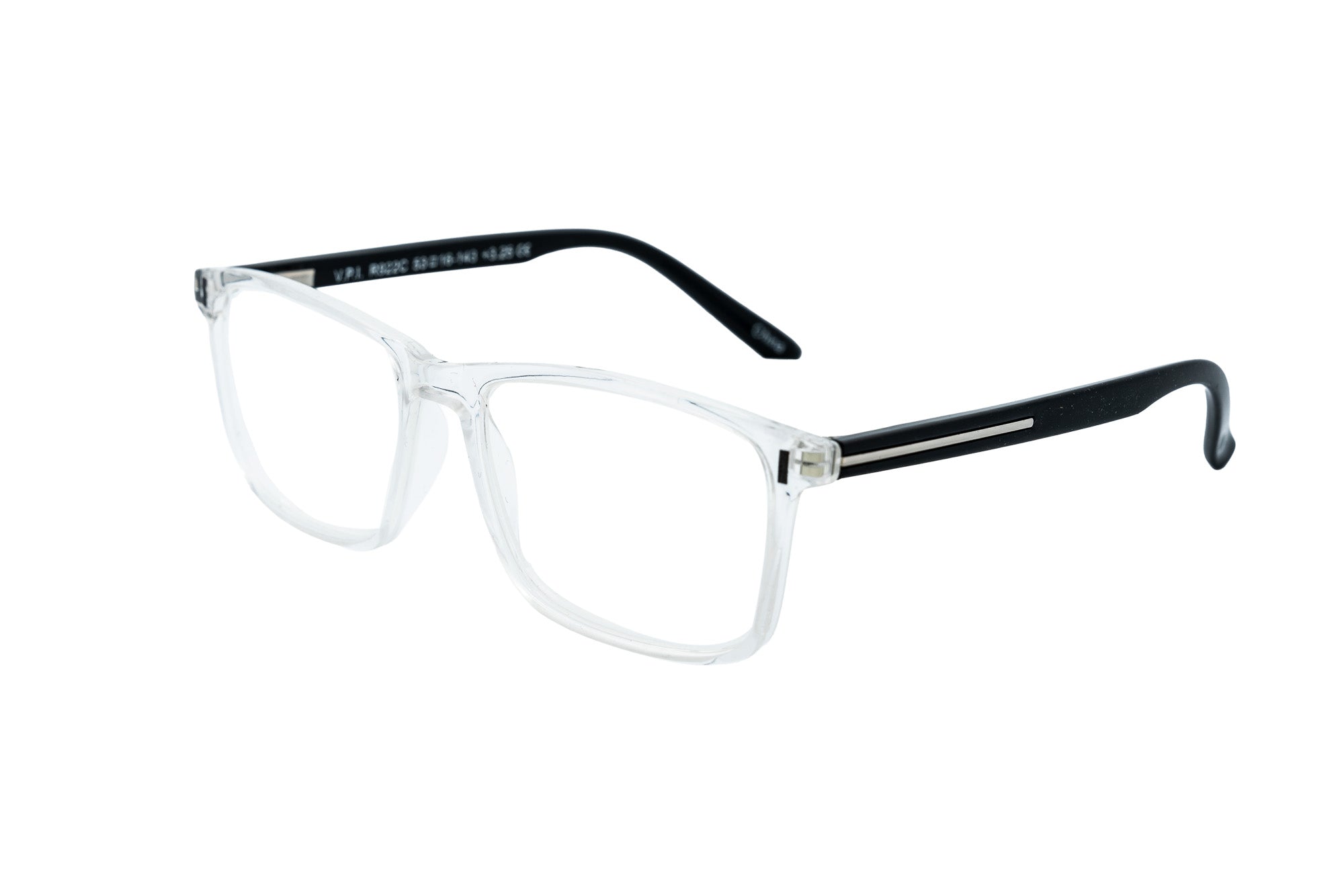 Clear Strado reading glasses with slim square frame and lightweight polycarbonate design