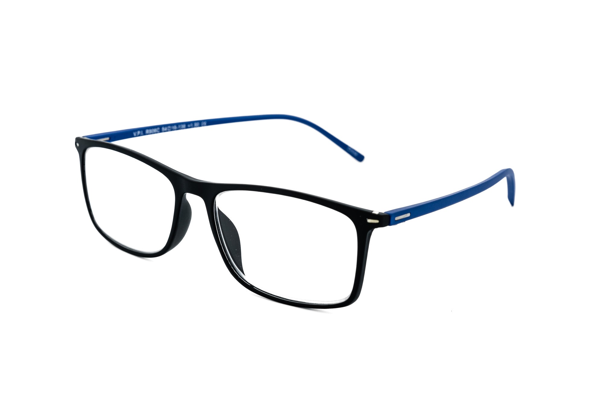 Strato reading glasses with matte black square frame and electric blue temples by Bolero Eyewear
