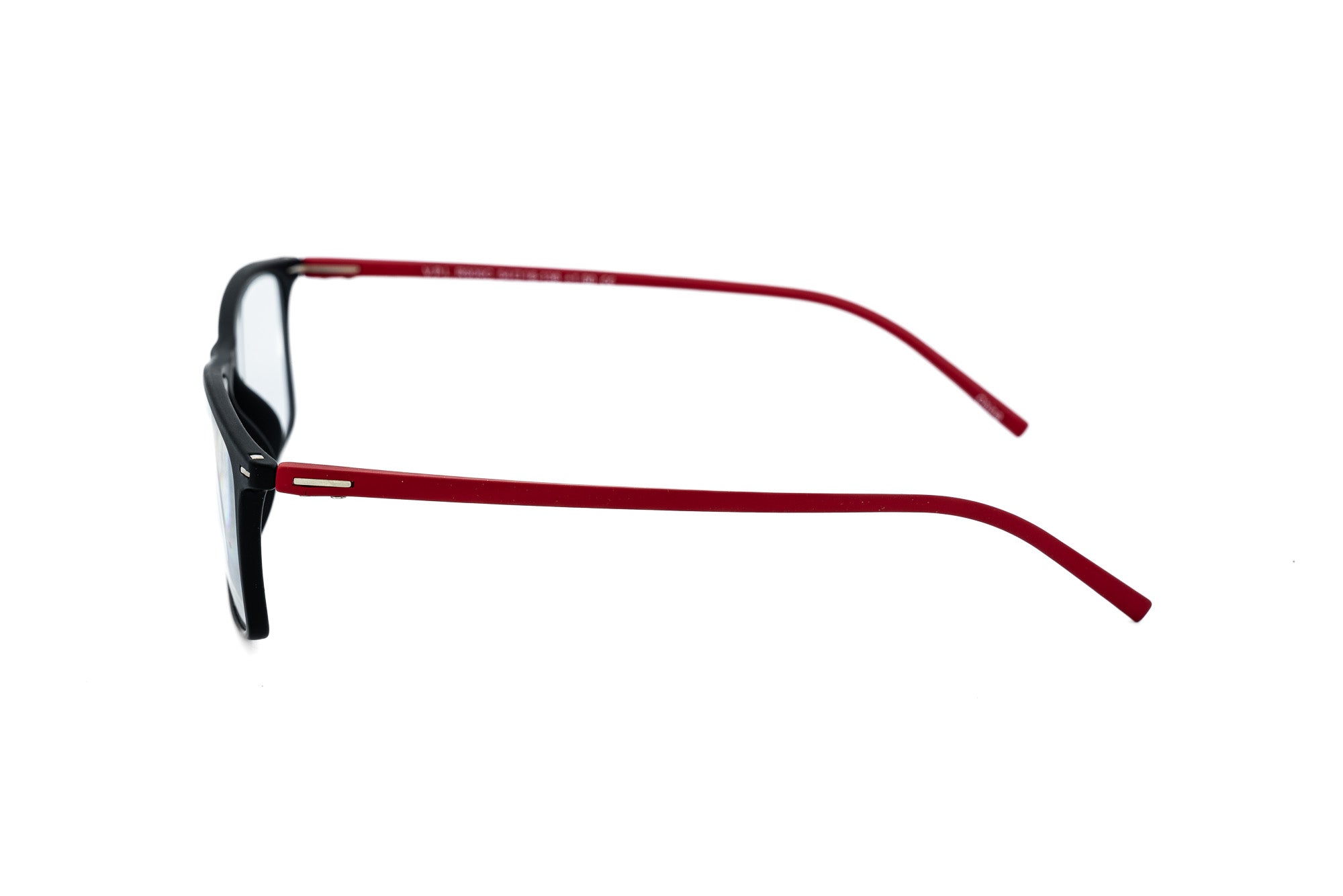 Bolero Eyewear Strato matte black reading glasses with vibrant red contrast temples side angle view