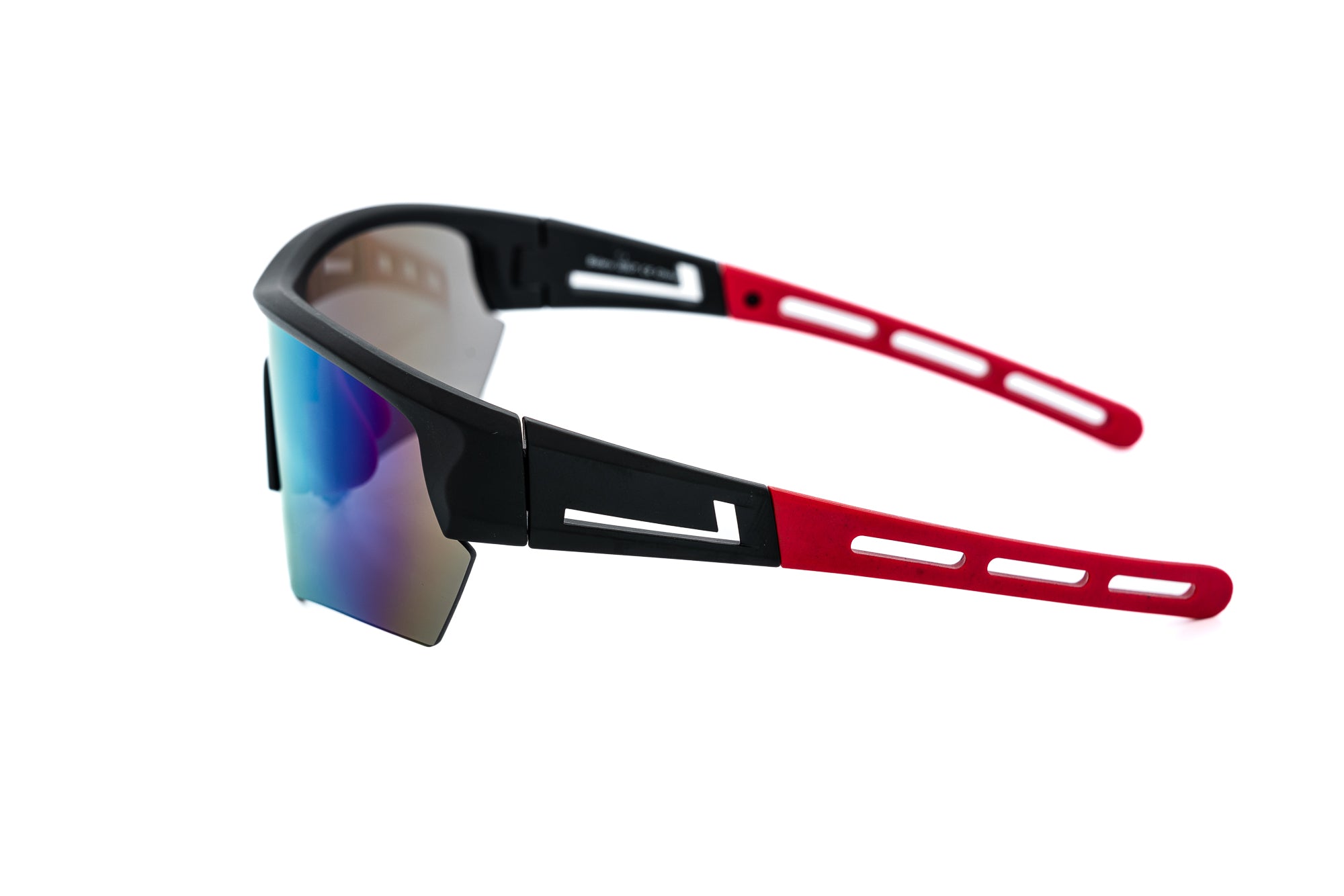 Stratus by Bolero Eyewear Black and red Stratus sport sunglasses with yellow mirror wraparound shield side angle view