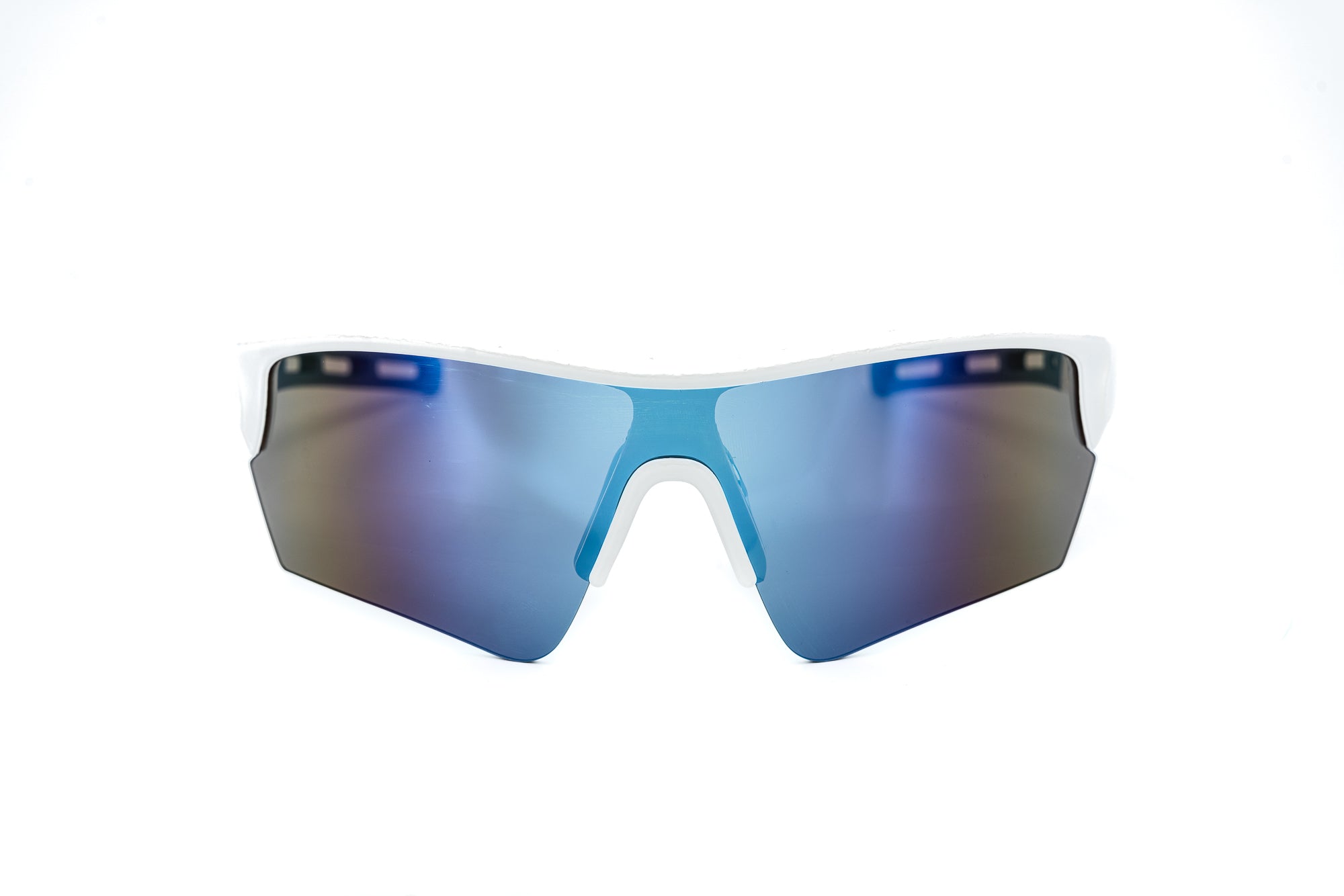 Stratus by Bolero Eyewear white and blue wraparound sport sunglasses with mirror shield lens front angle view