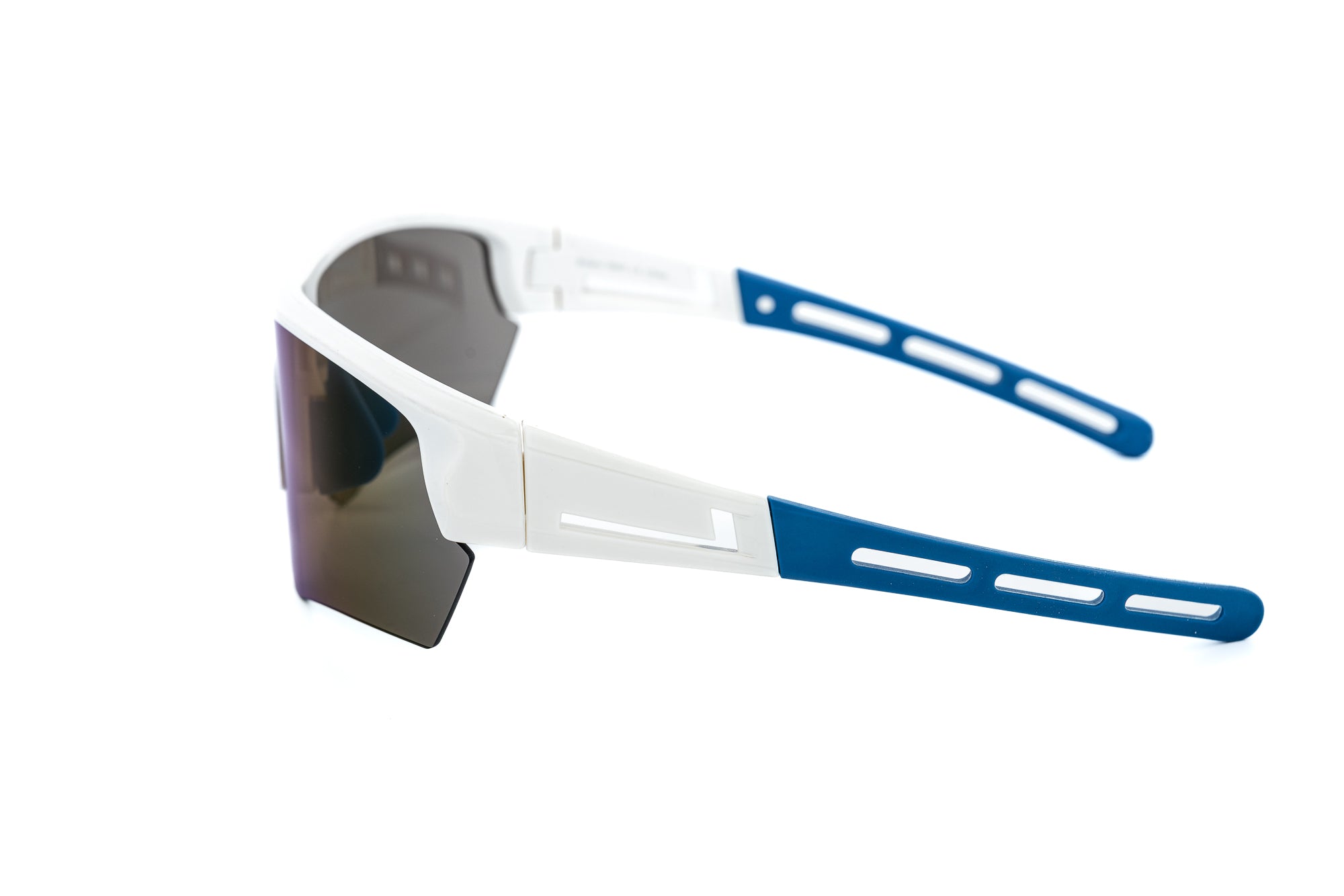 Stratus by Bolero Eyewear white and blue wraparound sport sunglasses with mirror shield lens side angle view