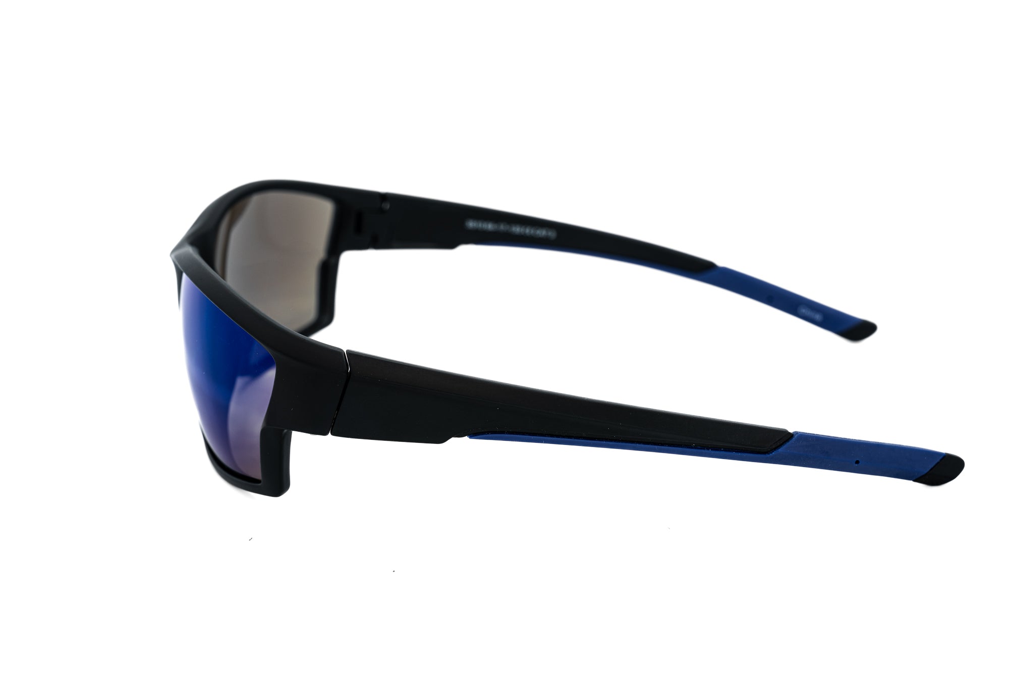 Stravik by Bolero Eyewear black wraparound sport sunglasses with blue mirror lenses side angle view