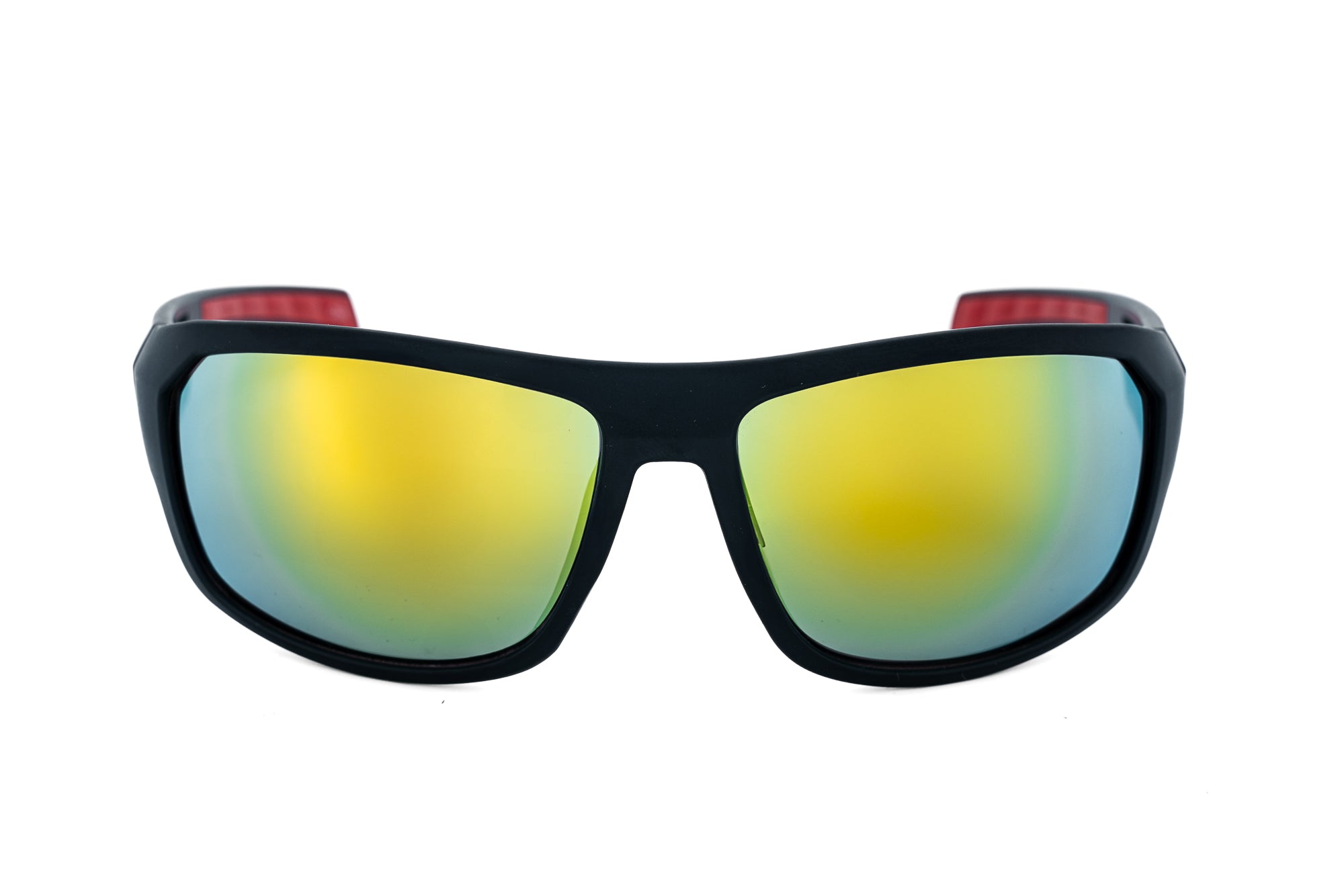 Striker sport sunglasses by Bolero Eyewear Gun Metal Red Tip Striker sunglasses with yellow mirror sport lenses front angle view