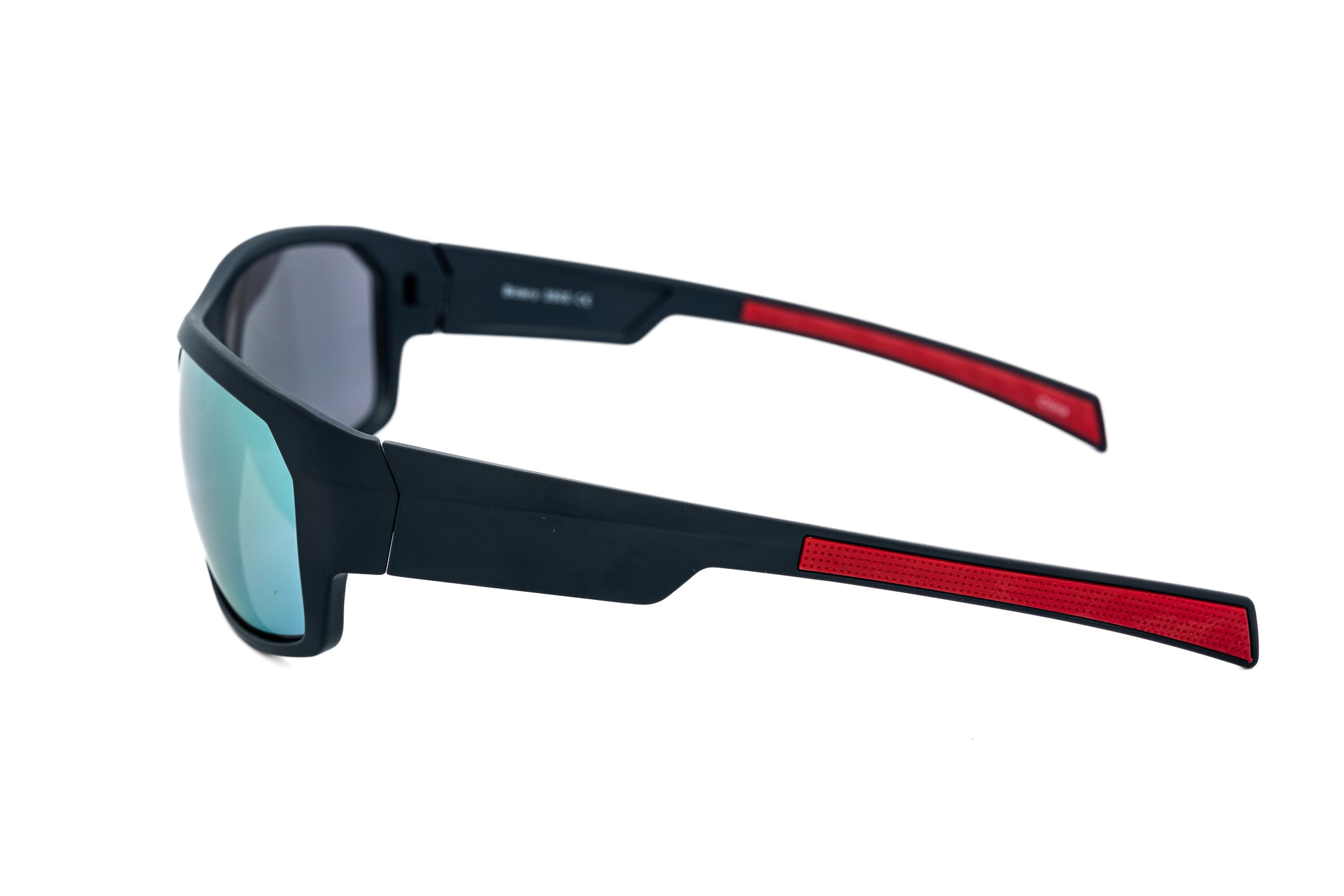 Striker sport sunglasses by Bolero Eyewear Gun Metal Red Tip Striker sunglasses with yellow mirror sport lenses side angle view