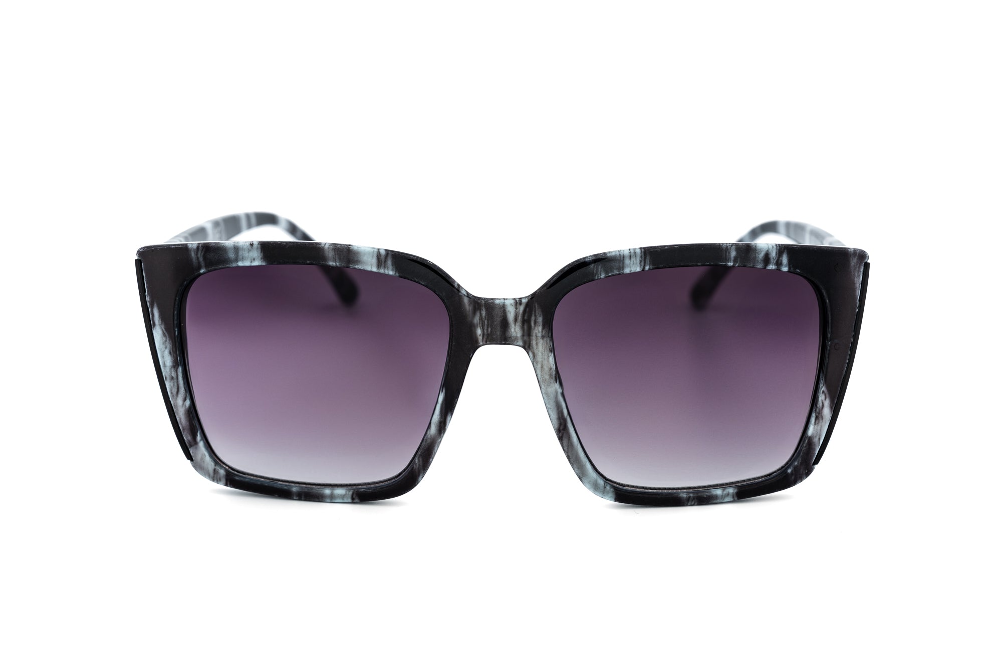 Sylvara by Bolero Eyewear marbled black and white oversized square sunglasses with purple smoke gradient lenses front angle view