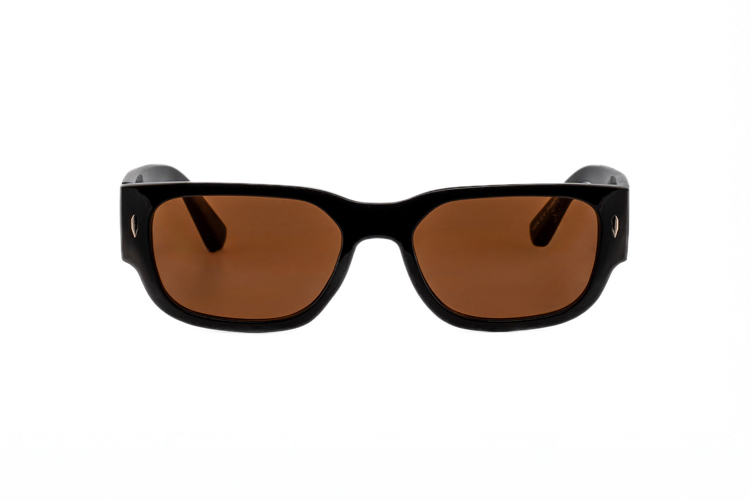 Tatum by Bolero Eyewear rectangular black sunglasses with brown UV lenses front angle view