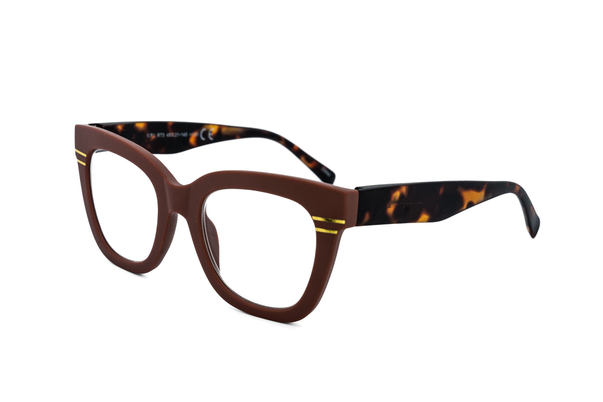 Terrava brown matte cat-eye reading glasses with golden accents and tortoiseshell temples by Bolero Eyewear