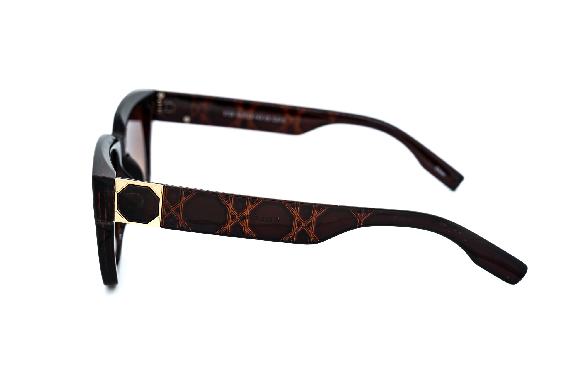 Tessara by Bolero Eyewear square brown sunglasses with geometric temples and gradient UV lenses side angle view
