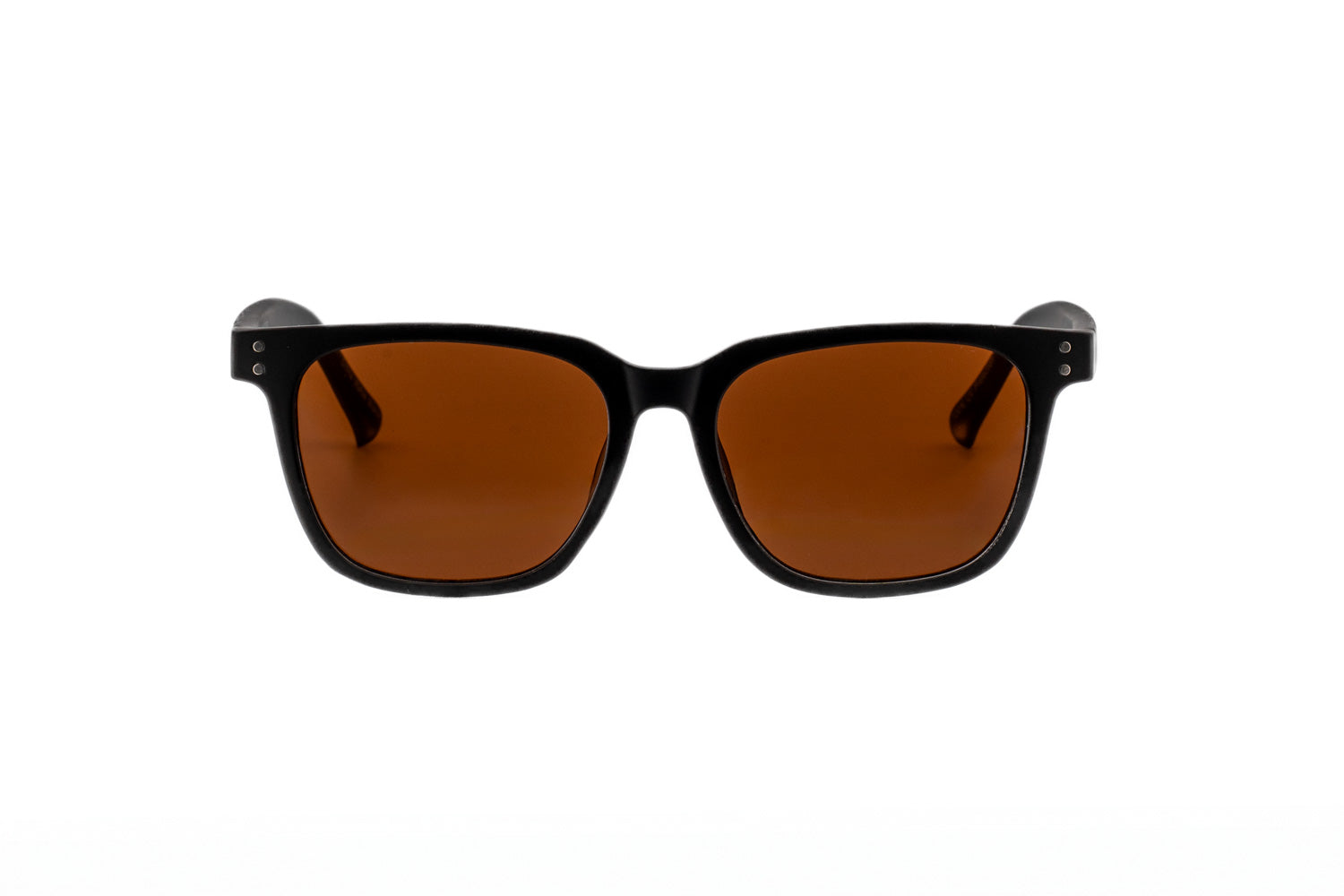 Vale by Bolero Eyewear black temple with brown lenses square sunglasses and modern crystal frame design front angle view