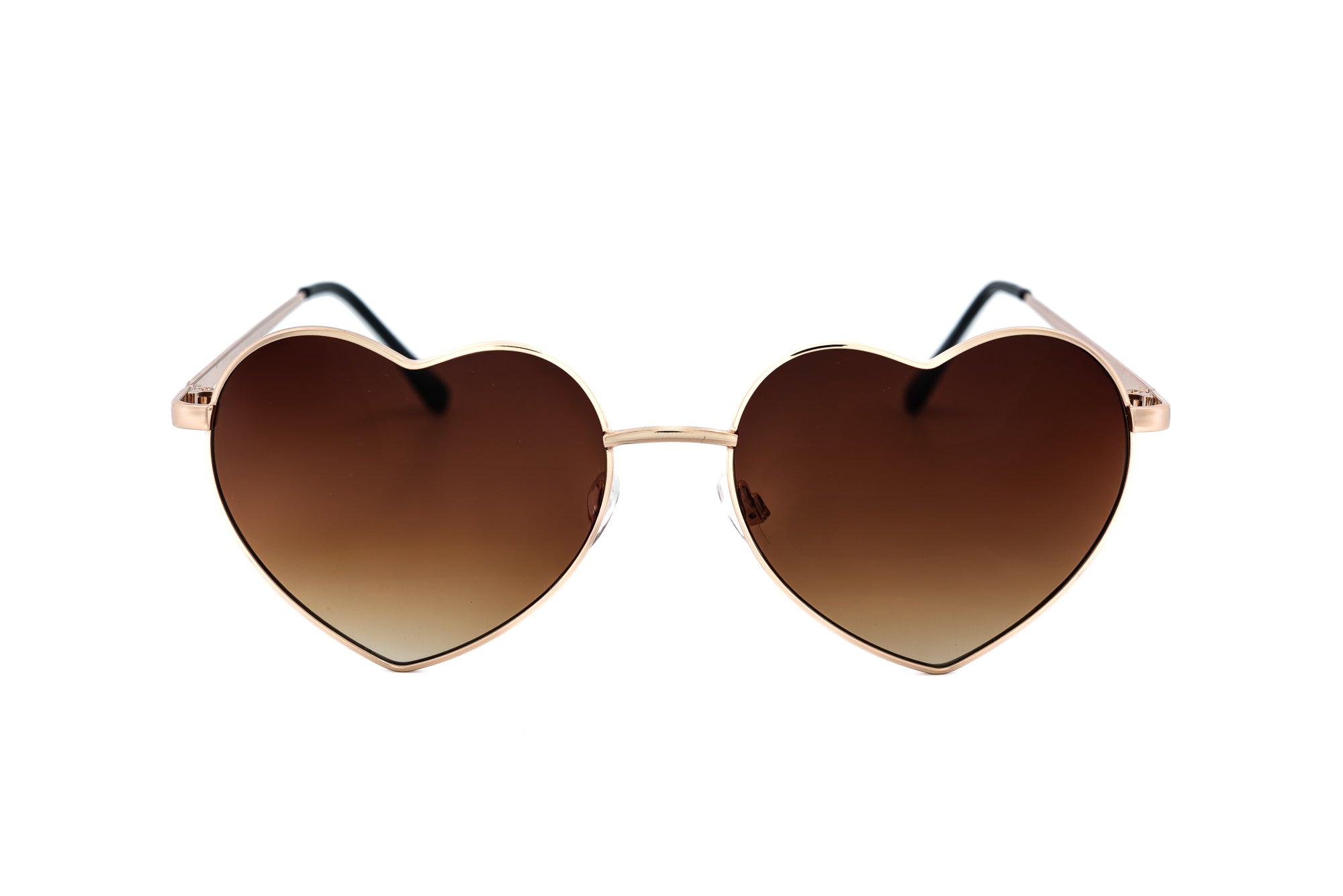 Valentina by Bolero Eyewear heart-shaped sunglasses with gold metal frame and brown gradient lenses front angle view