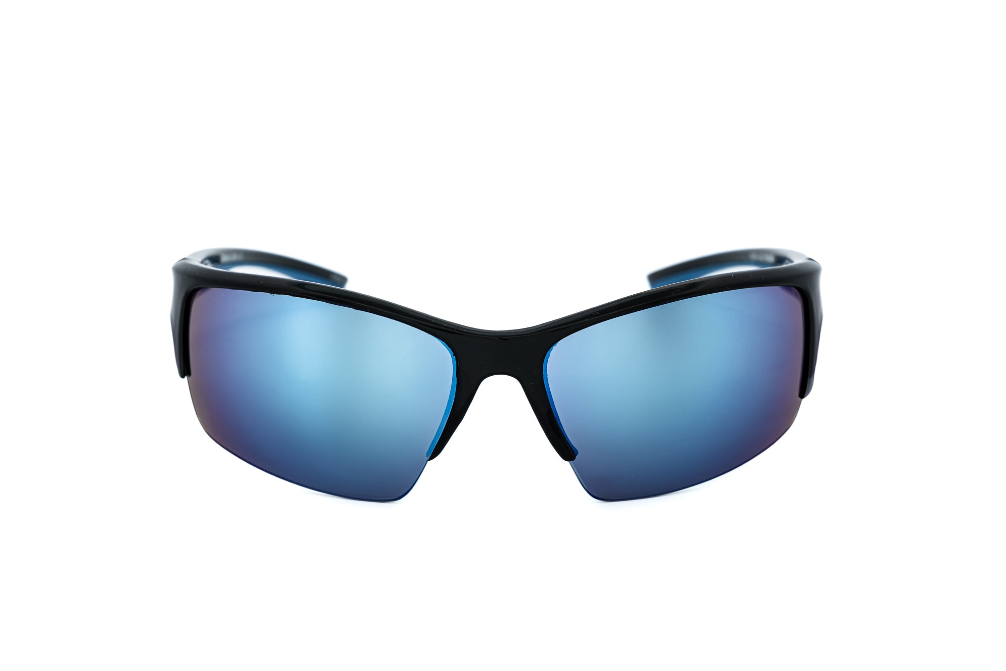 Vantage by Bolero Eyewear black wraparound sport sunglasses with blue tinted lenses front angle view