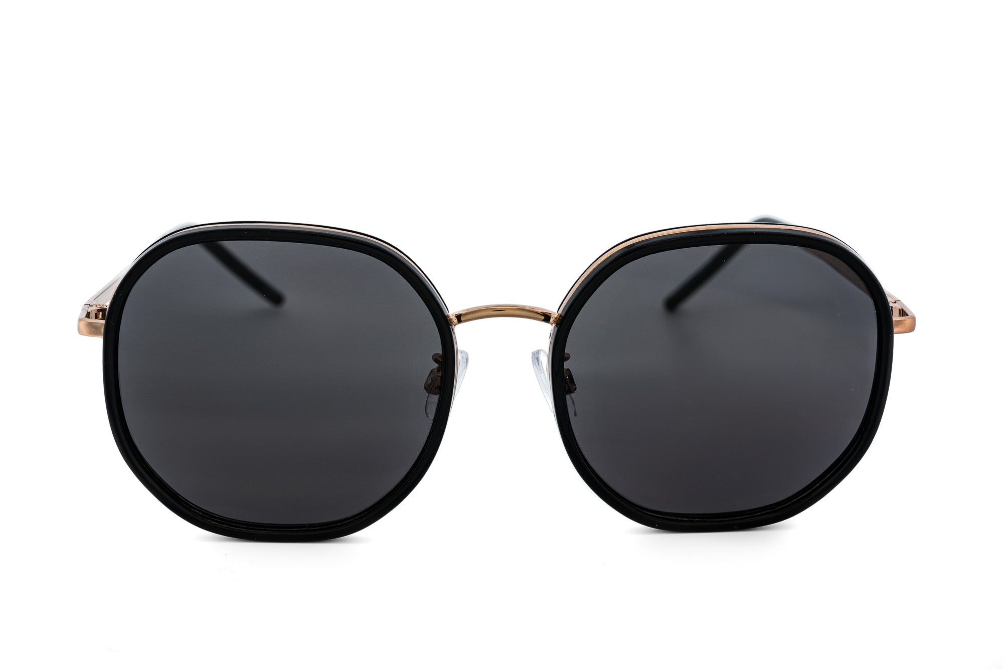 Velluto by Bolero Eyewear oversized round sunglasses with black rims and gold-tone metal frame front angle view