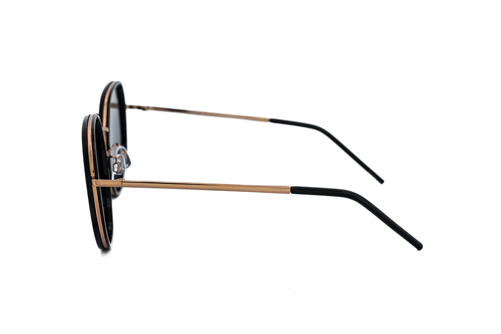 Velluto by Bolero Eyewear oversized round sunglasses with black rims and gold-tone metal frame side angle view