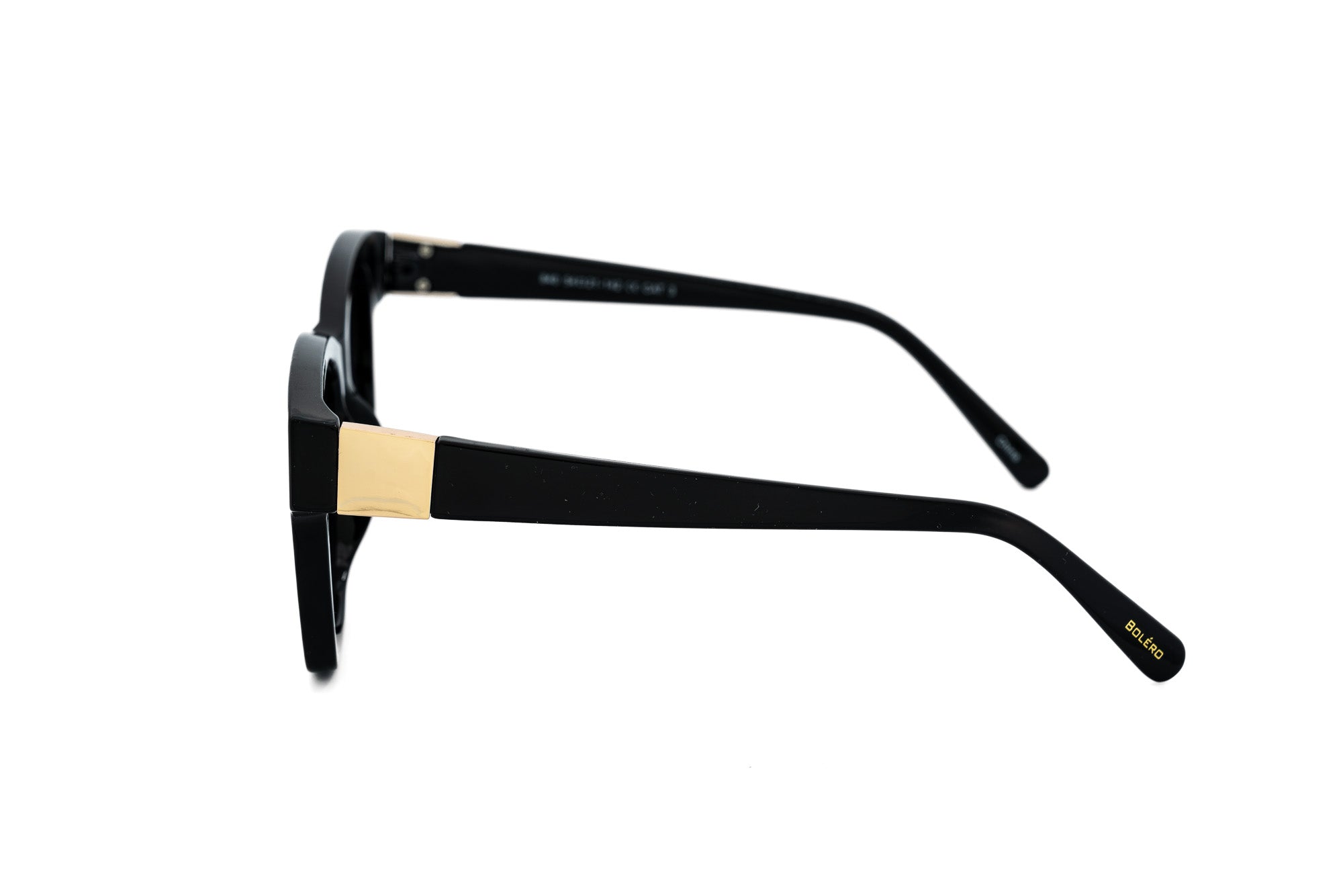 Velora by Bolero Eyewear black square sunglasses with polarized smoke lenses and gold temple detail side angle view