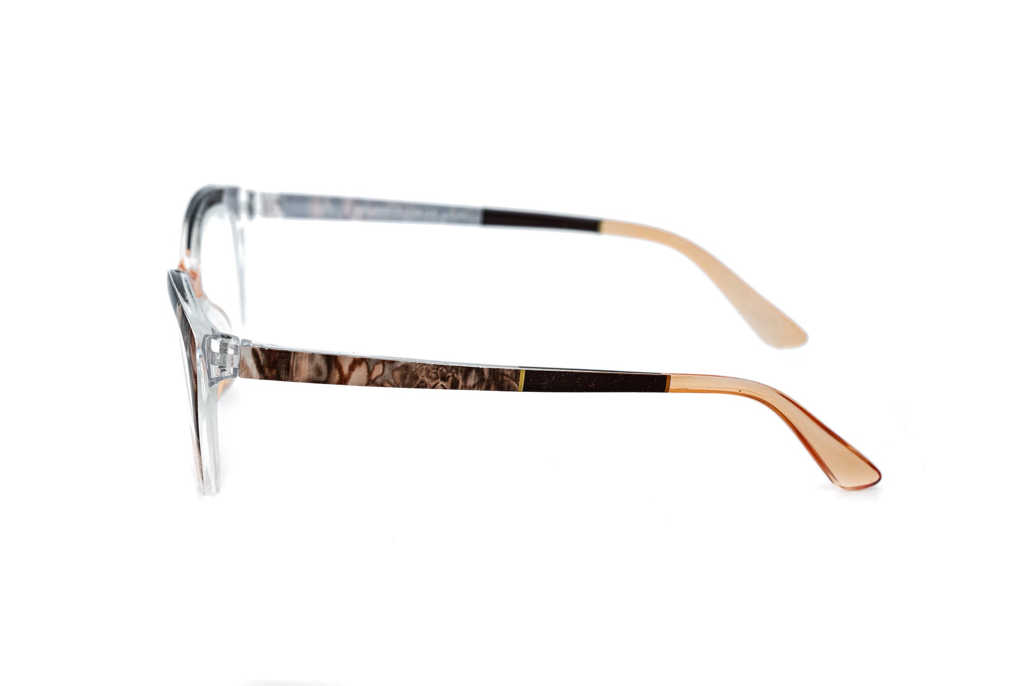 VeraVie cat-eye reading glasses in marbled multicolor with translucent detailing by Bolero Eyewear side angle view