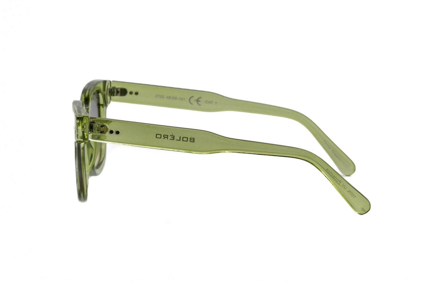 Verdene by Bolero Eyeweartranslucent green square sunglasses with green smoke lenses side angle view