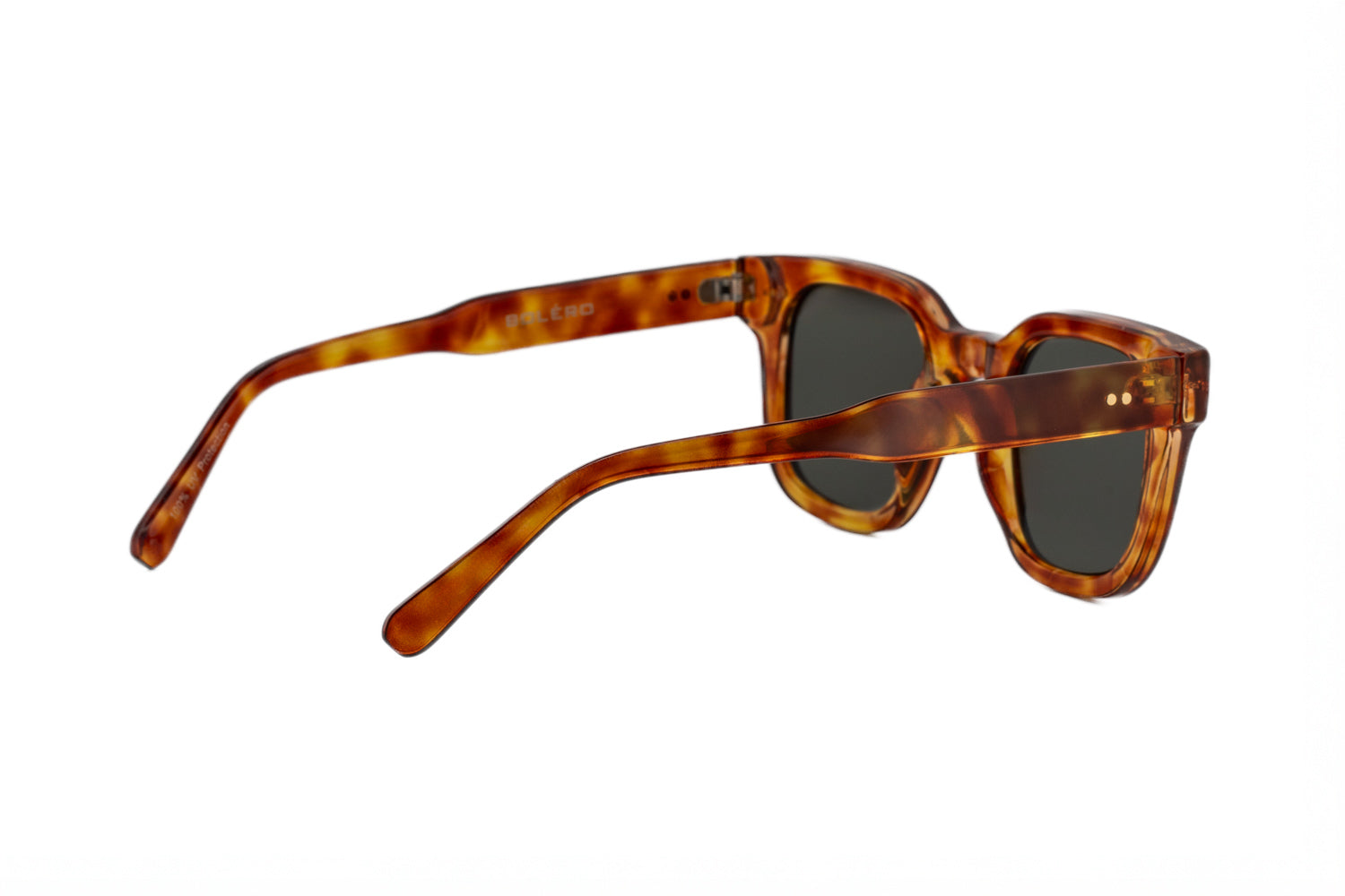 Verdene by Bolero Eyewear tortoise square sunglasses with green smoke UV lenses rear three-quarter angle view