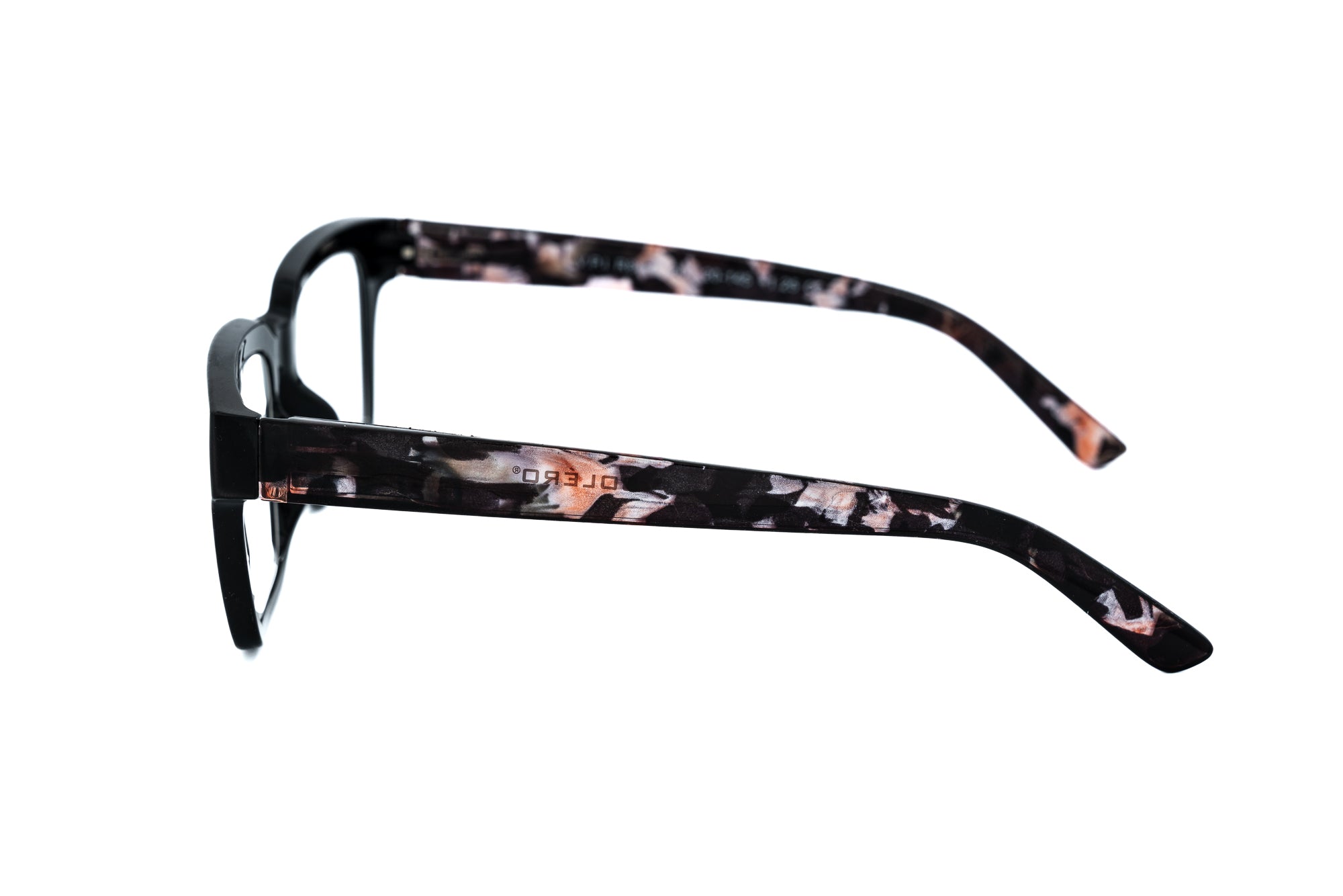 Vespera by Bolero Eyewear black reading glasses with rose-marble temples and square cat-eye silhouette side angle view