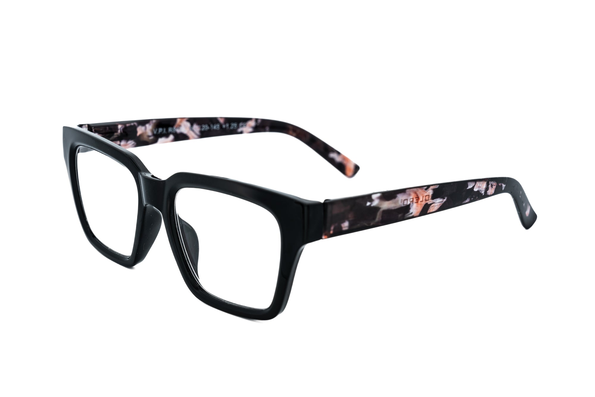 Vespera by Bolero Eyewear black reading glasses with rose-marble temples and square cat-eye silhouette