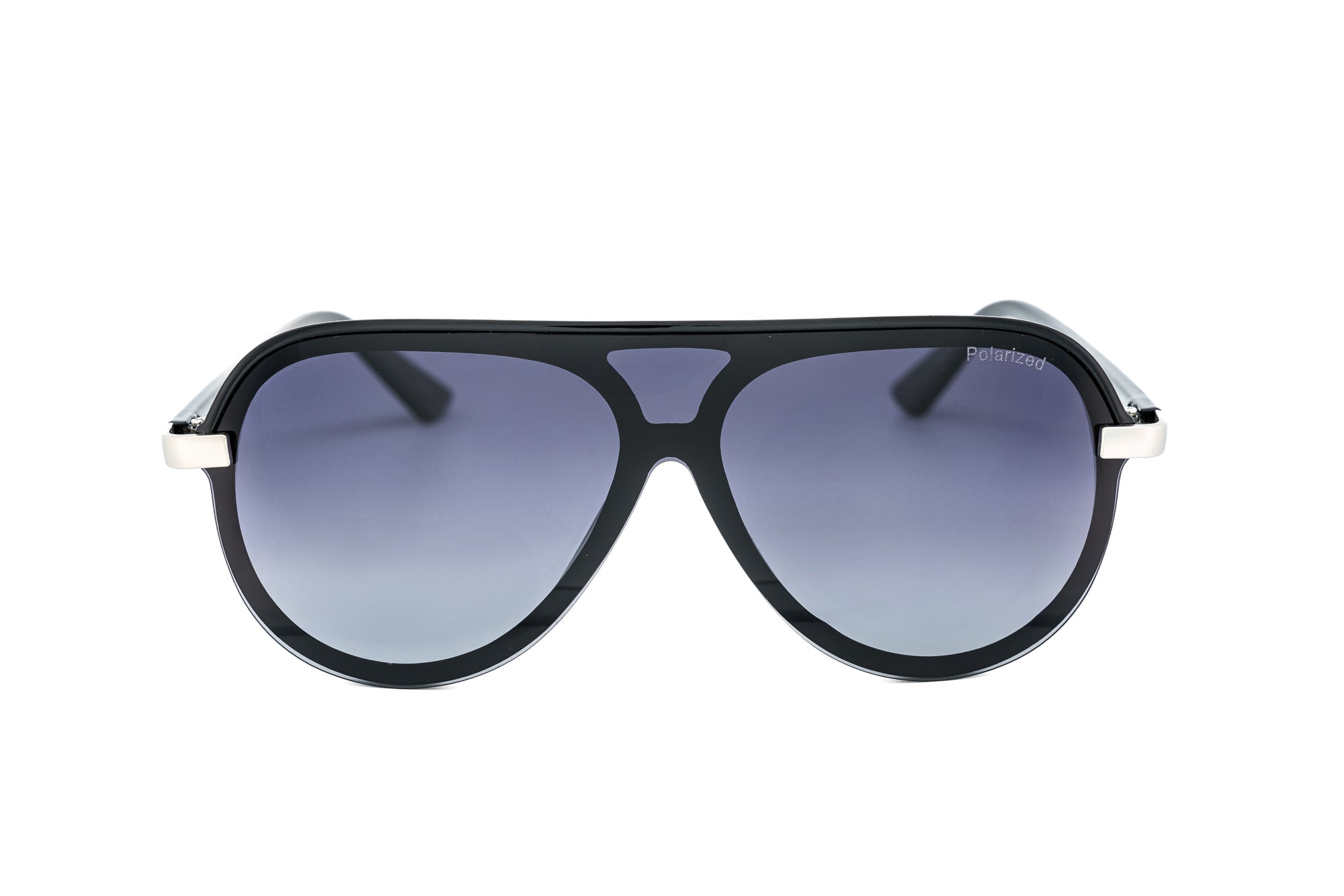 Veyro by Bolero Eyewear black polarized shield sunglasses with oversized smoke lenses front angle view