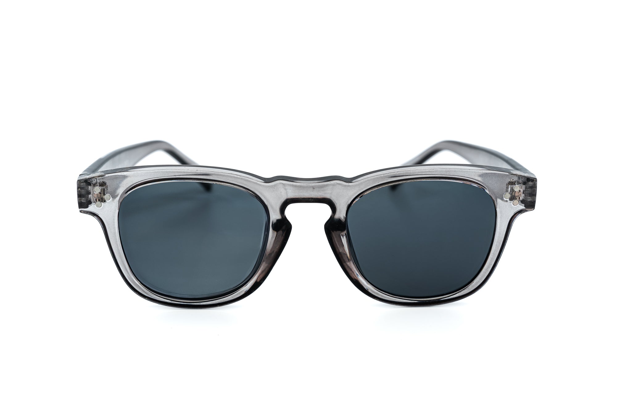 Veyron by Bolero Eyewear Clear-frame sunglasses Non Polarized with dark smoke lenses front angle view
