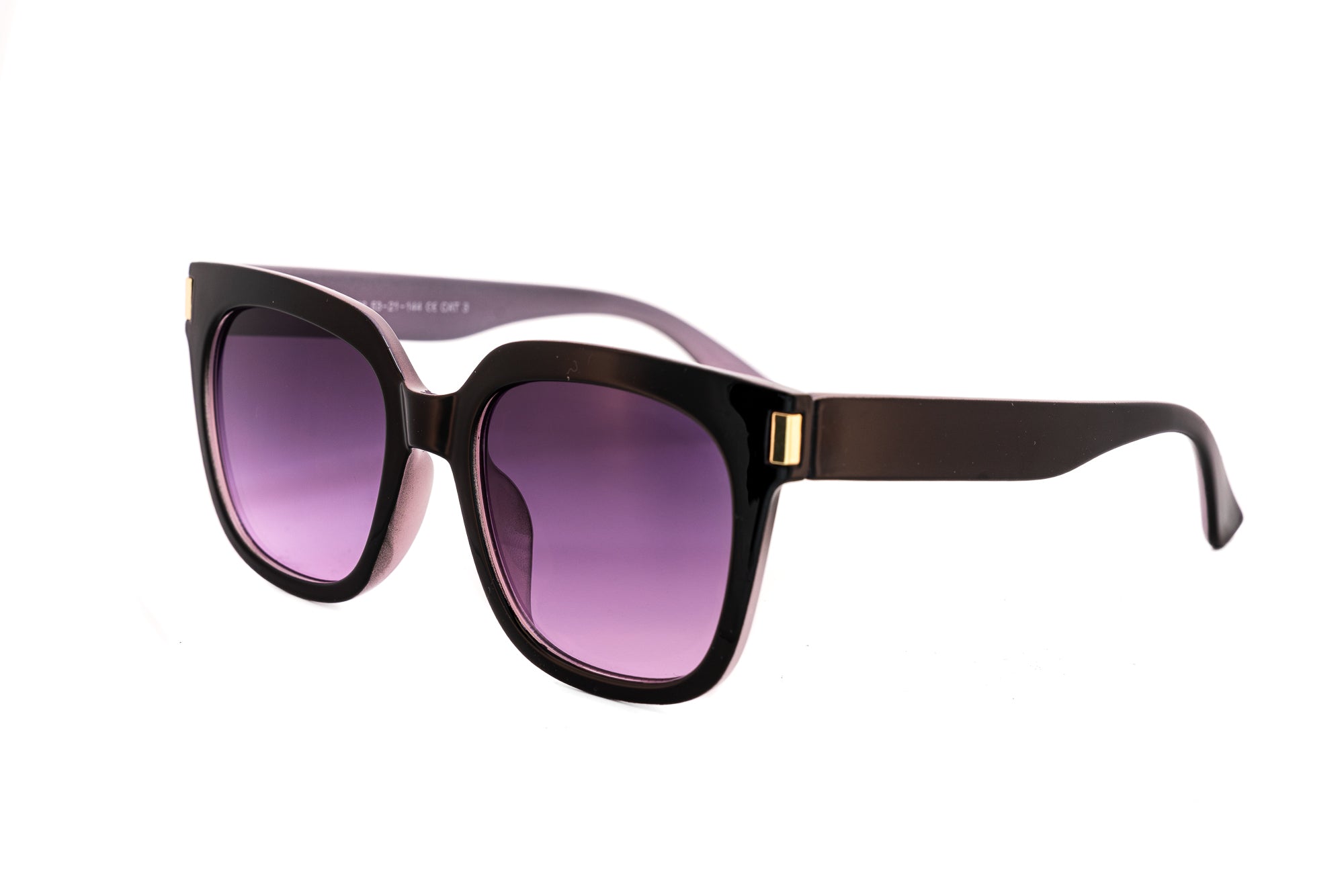 Viondra by Bolero Eyewear women’s square sunglasses with black frame and purple gradient lenses 