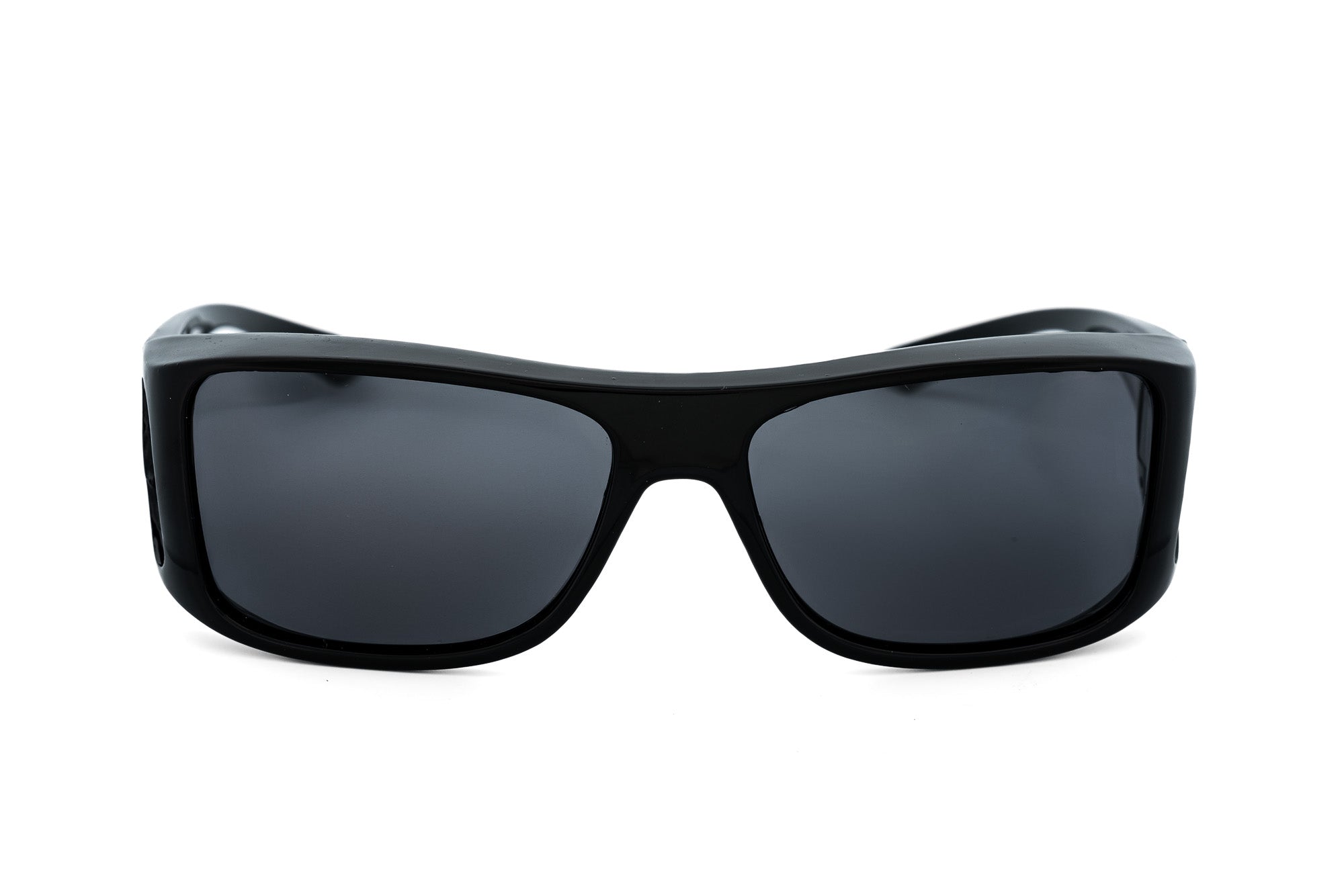 Virelium by Boléro Eyewear black wraparound sunglasses with smoke lenses front angle view