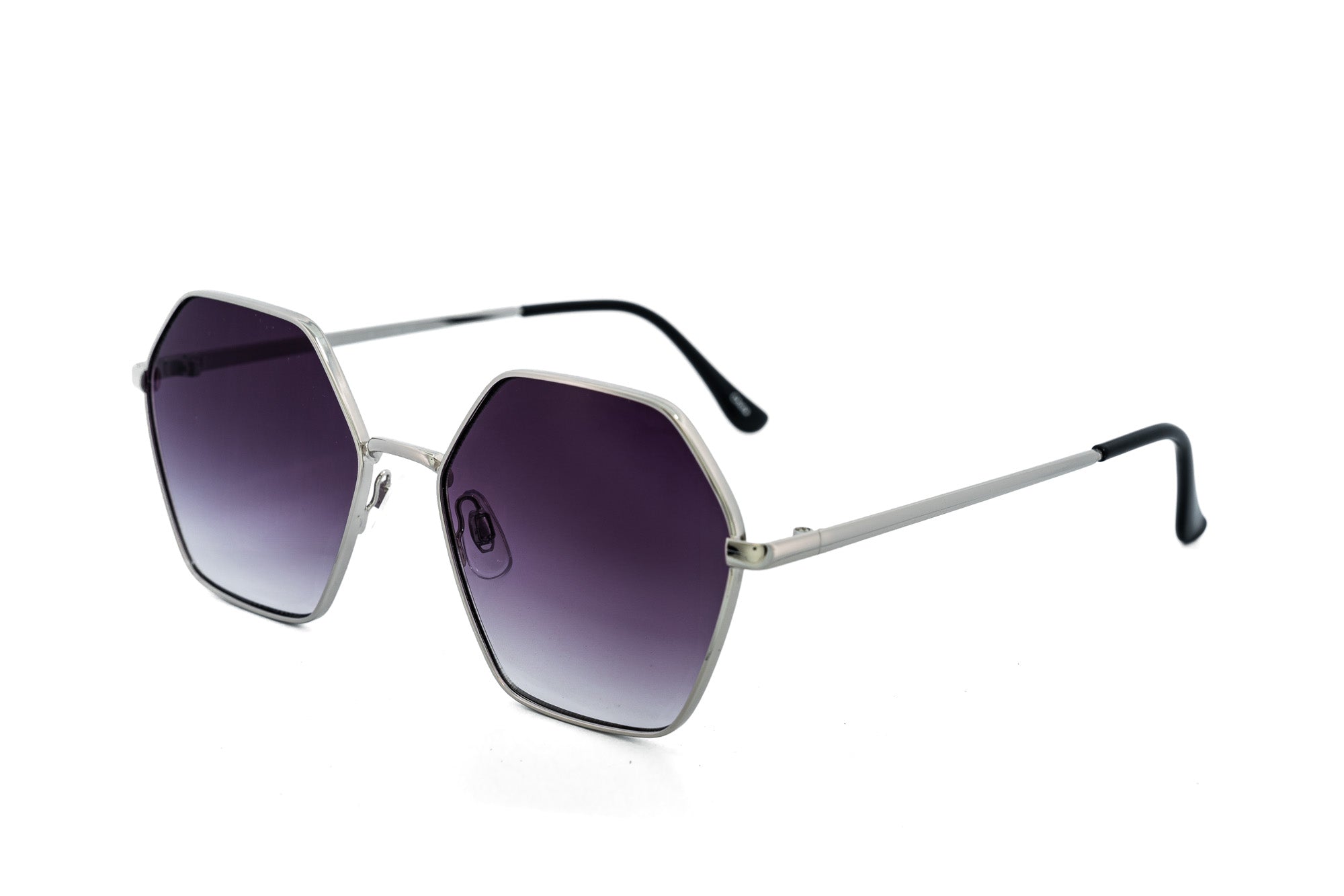 Virella by Bolero Eyewear hexagonal sunglasses with silver metal frame and purple gradient lenses