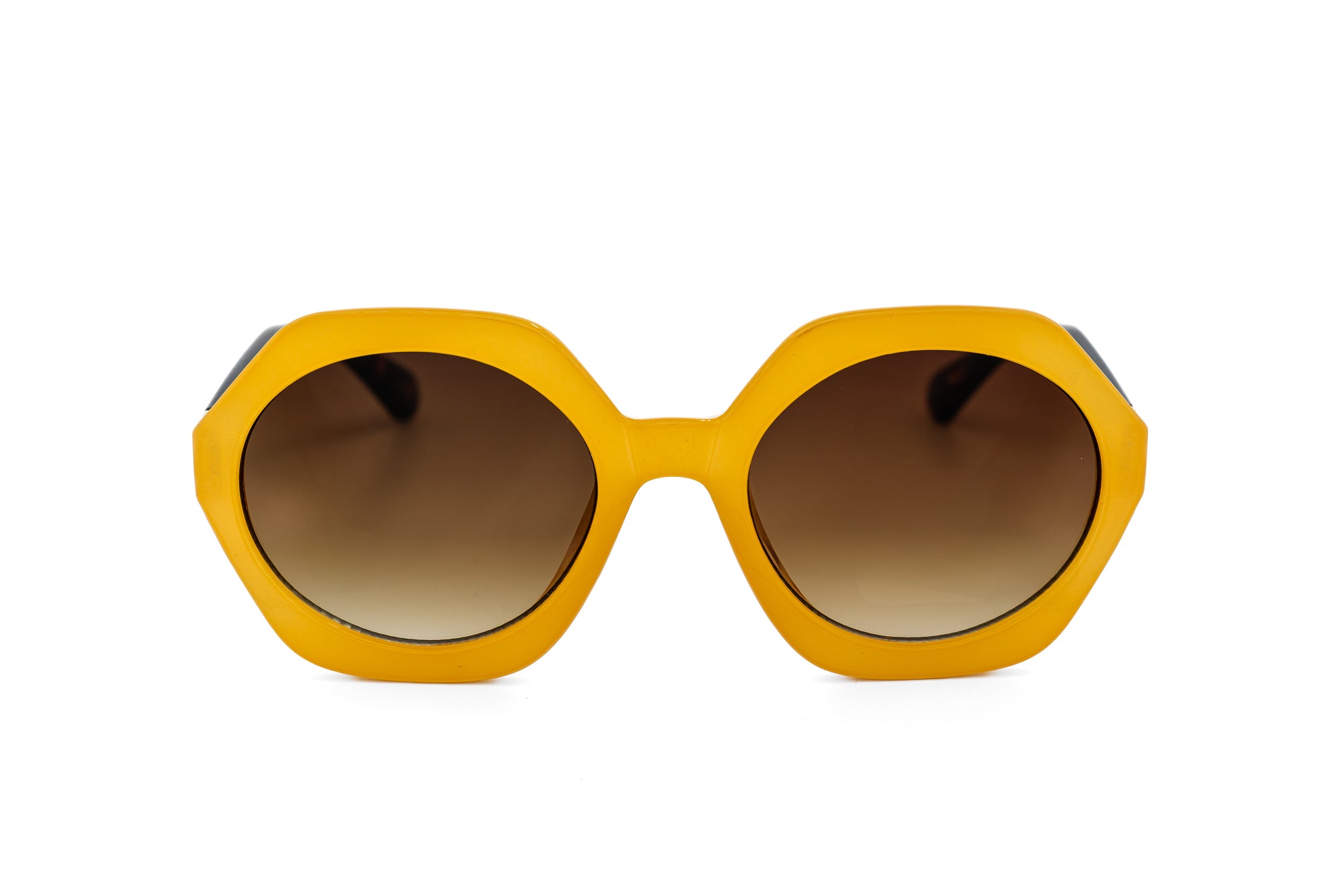 Virelle by Bolero Eyewear oversized geometric yellow frame with gradient lenses
front angle view